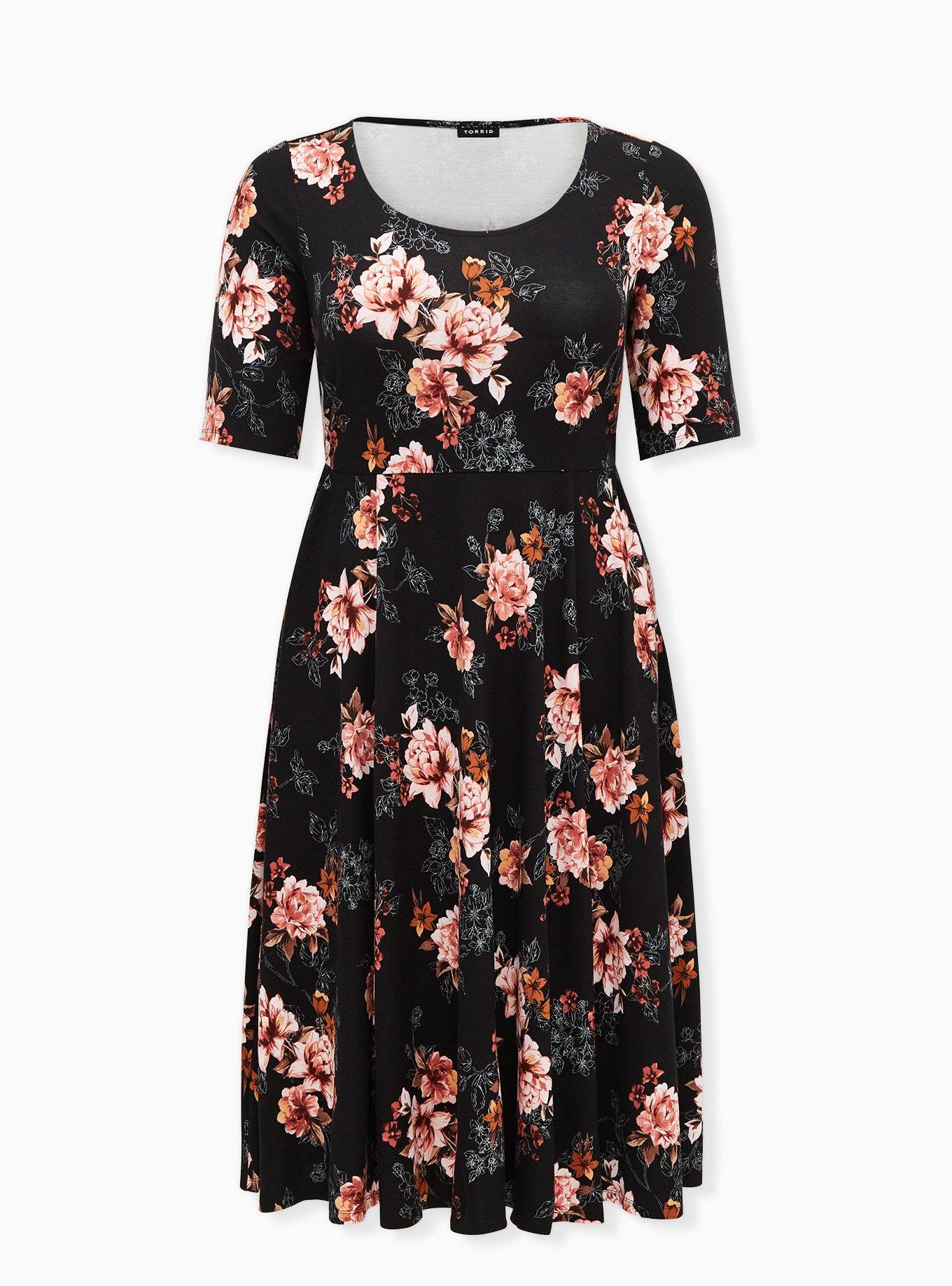 Midi Studio Luxe Ponte Skater Dress, BLACK FLORAL, hi-res