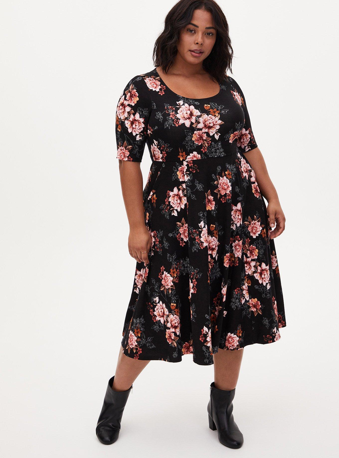 Midi Studio Luxe Ponte Skater Dress, BLACK FLORAL, hi-res