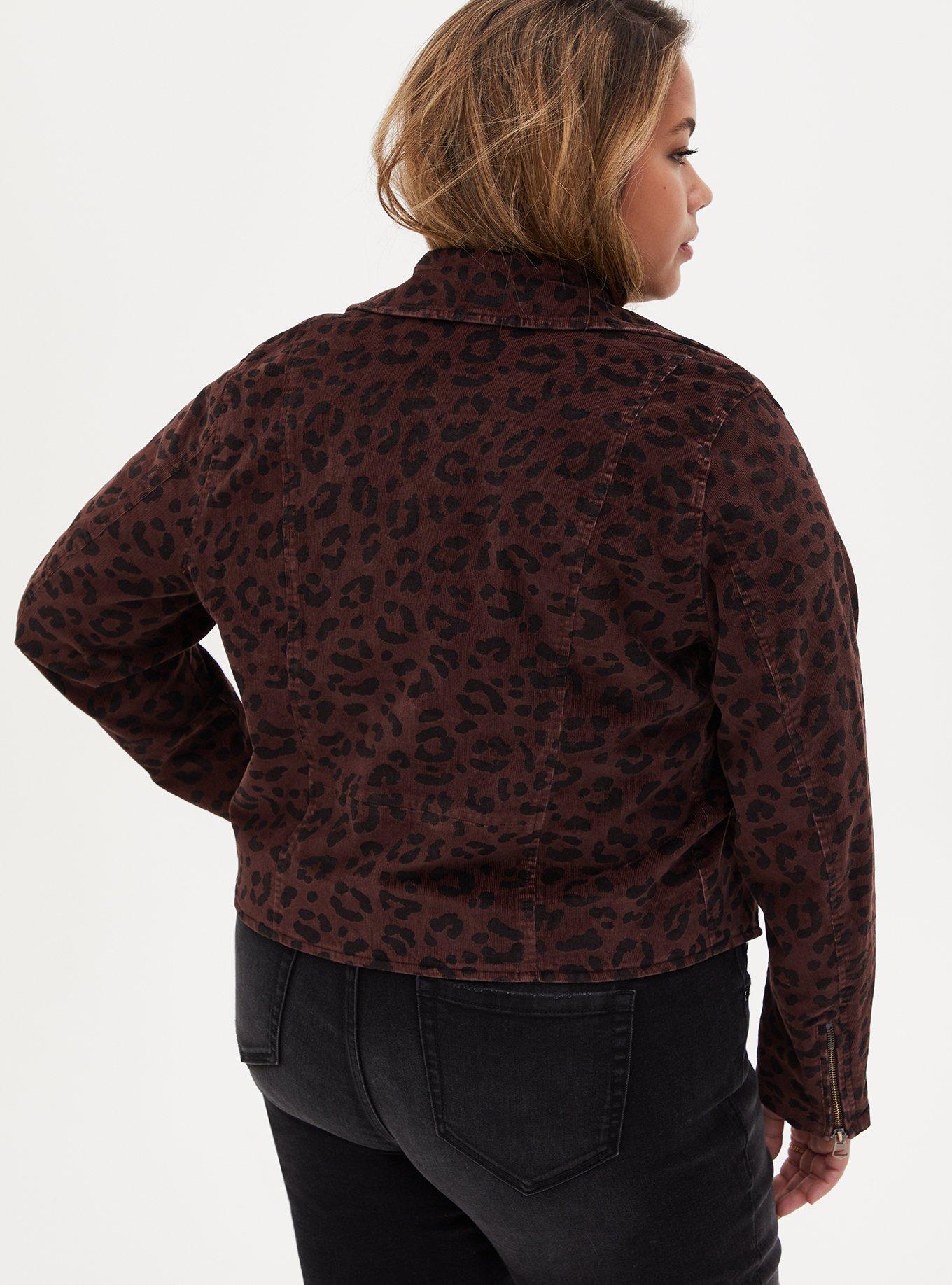 Plus Size Leopard Corduroy Moto Jacket, LEOPARD, alternate