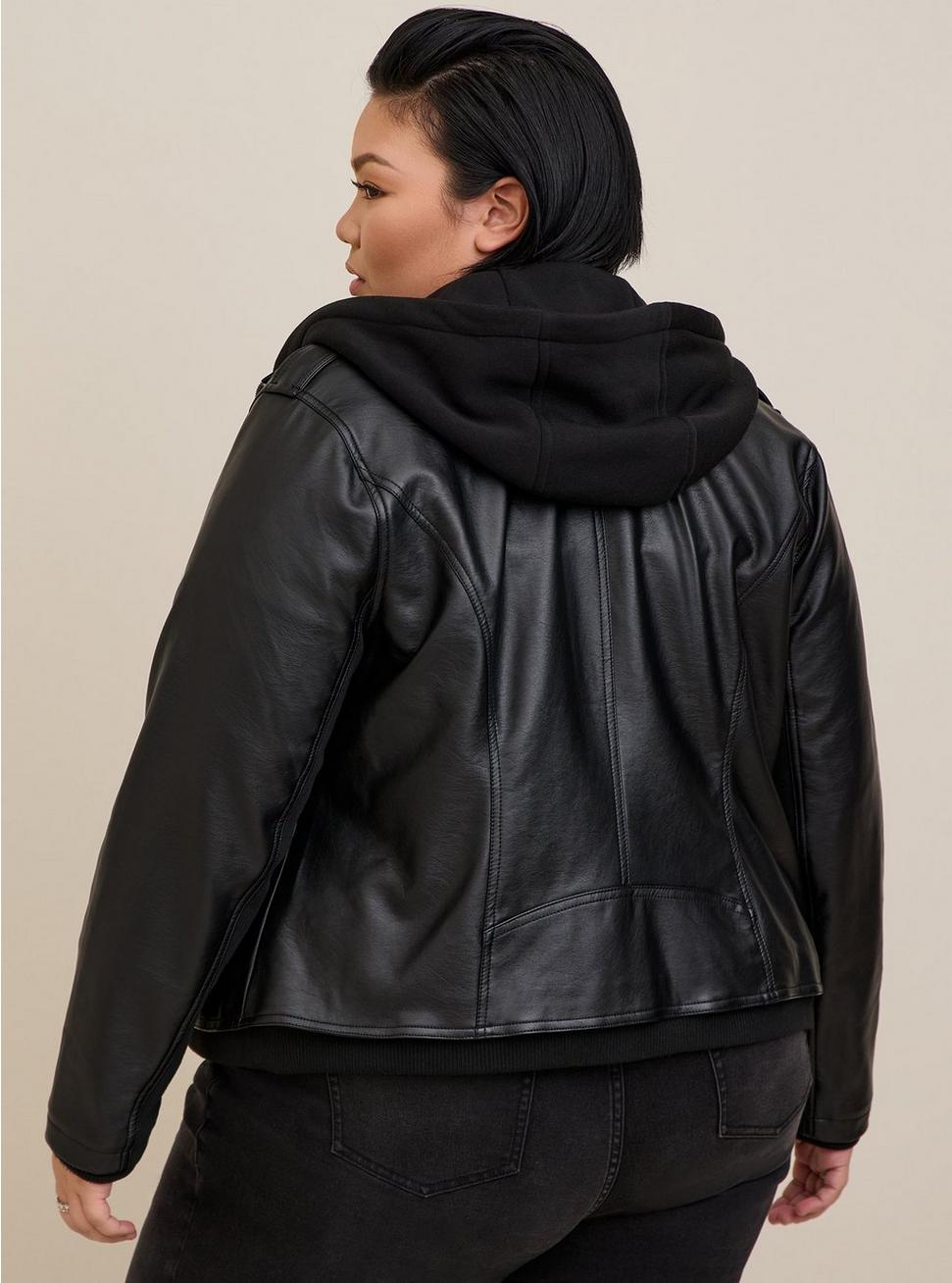 Plus Size Black Mixed Media Hooded Moto Jacket, DEEP BLACK, alternate