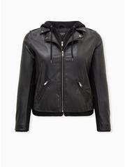 Plus Size Black Mixed Media Hooded Moto Jacket, DEEP BLACK, hi-res