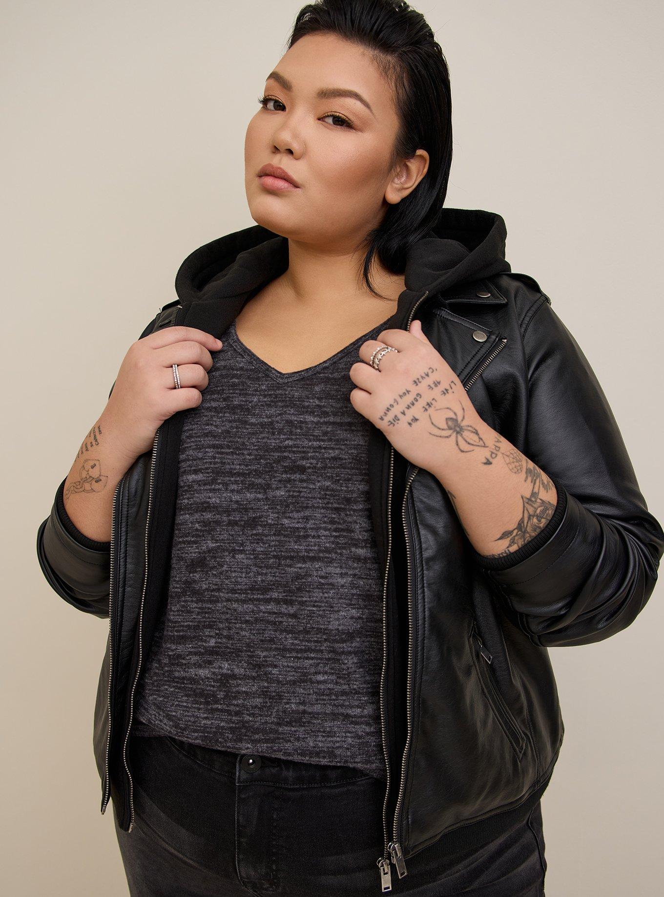 Women's Plus Size Layered Hoodie Jacket - Black