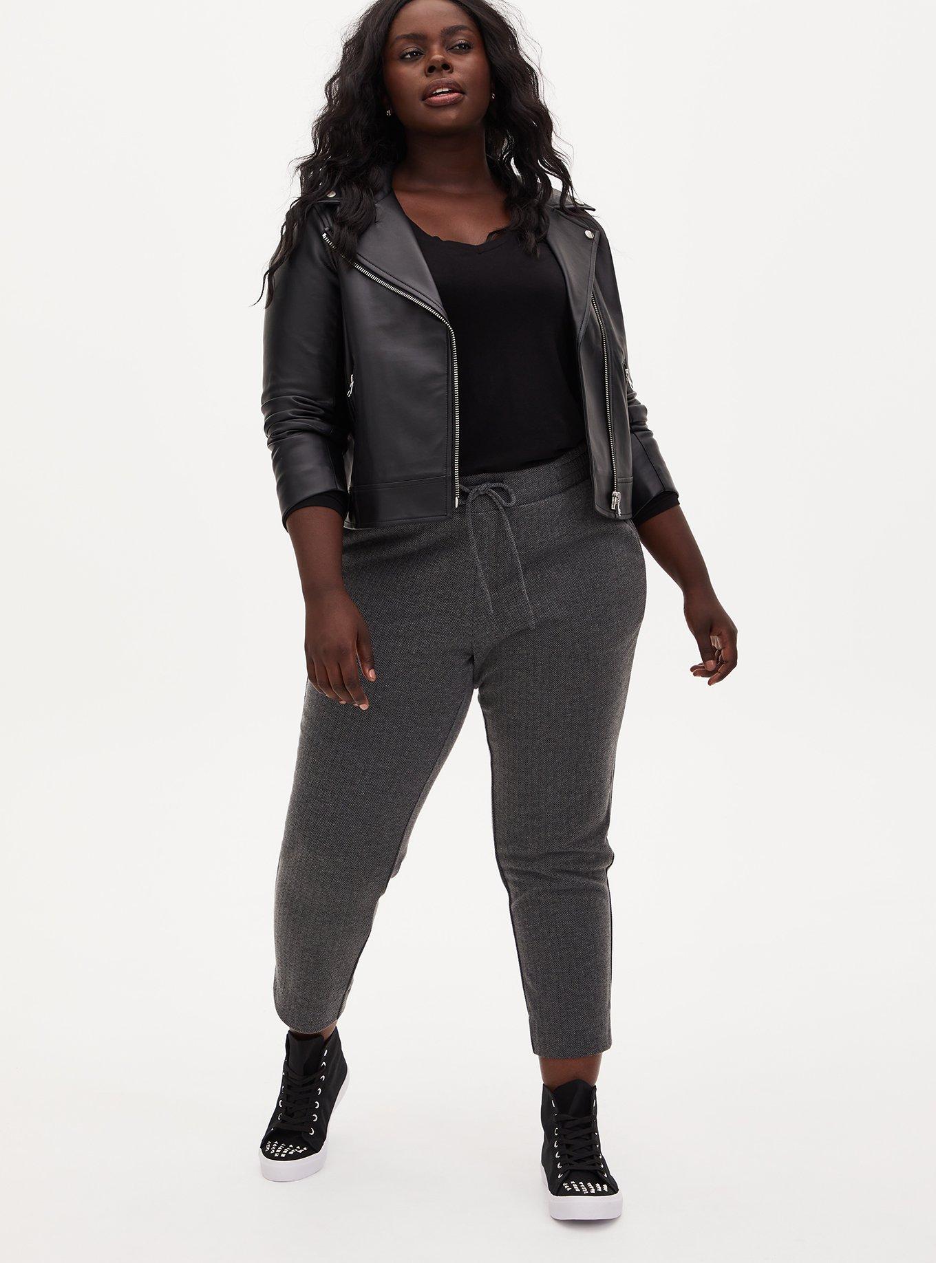Plus Size Grey Herringbone Drawstring Pull-On Trouser, GREY HEATHER, alternate