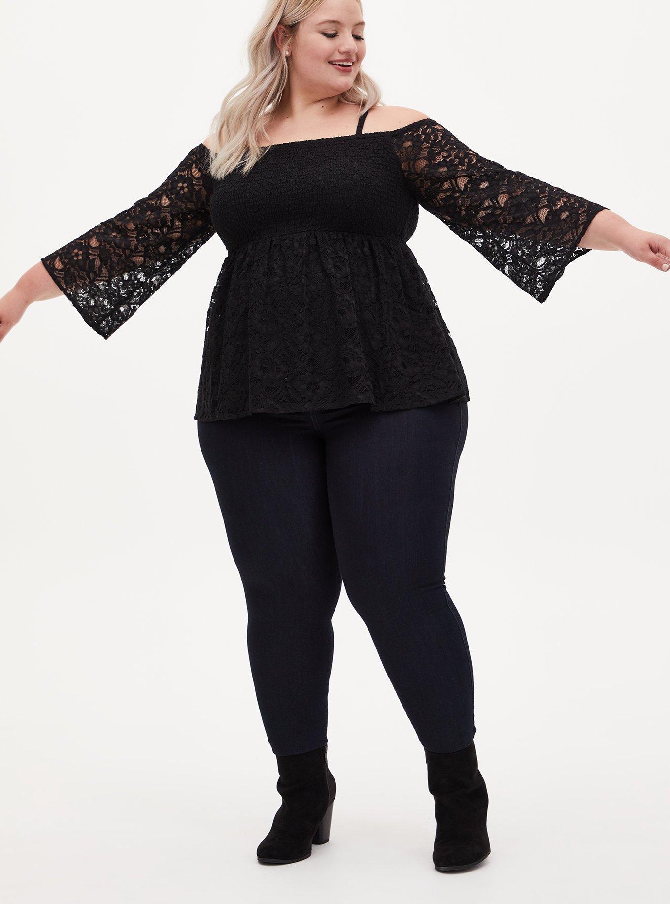 Plus Size - Babydoll Lace Smocked Cold Shoulder Top - Torrid