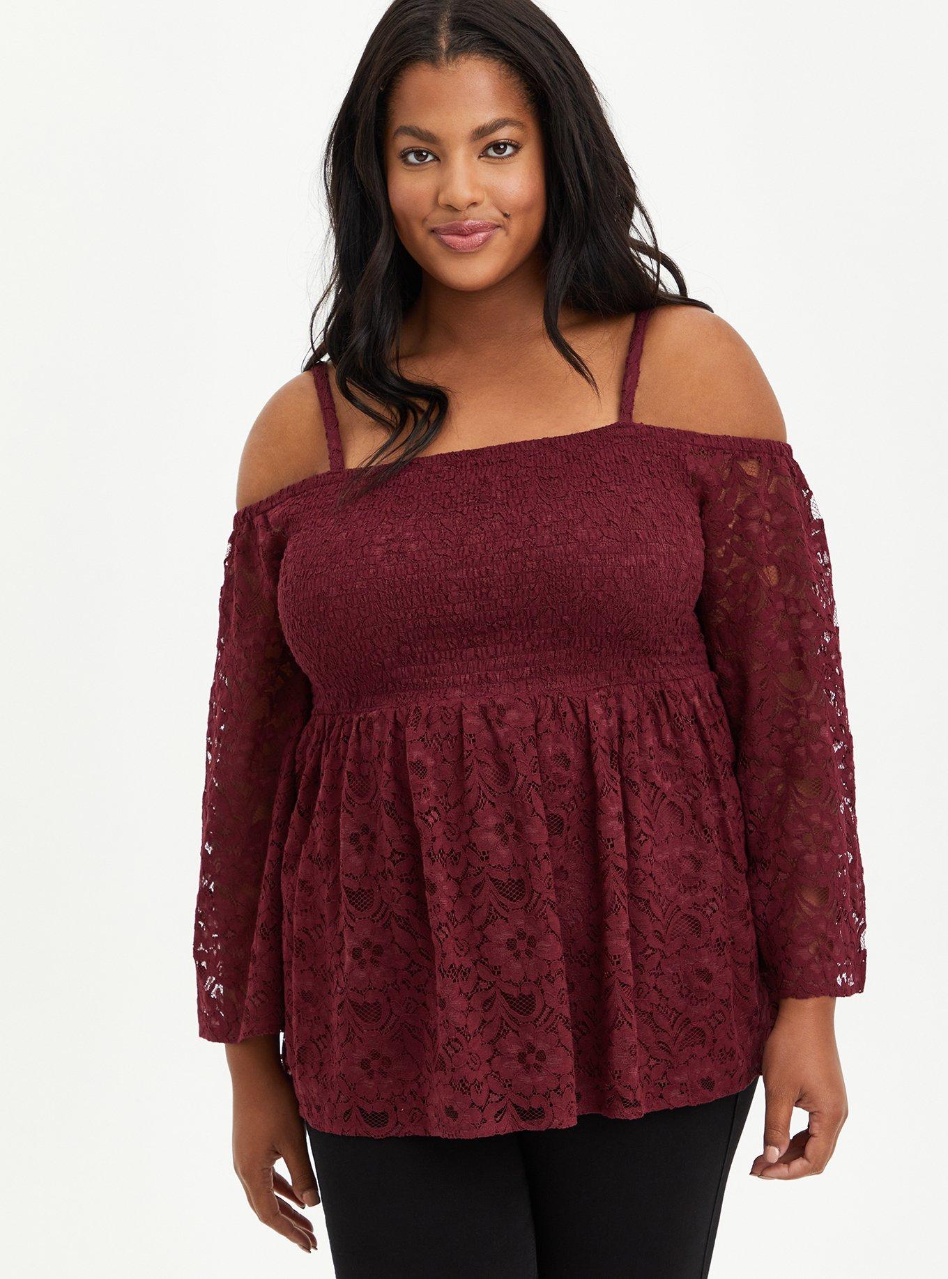 Plus Size Babydoll Lace Smocked Cold Shoulder Top Torrid