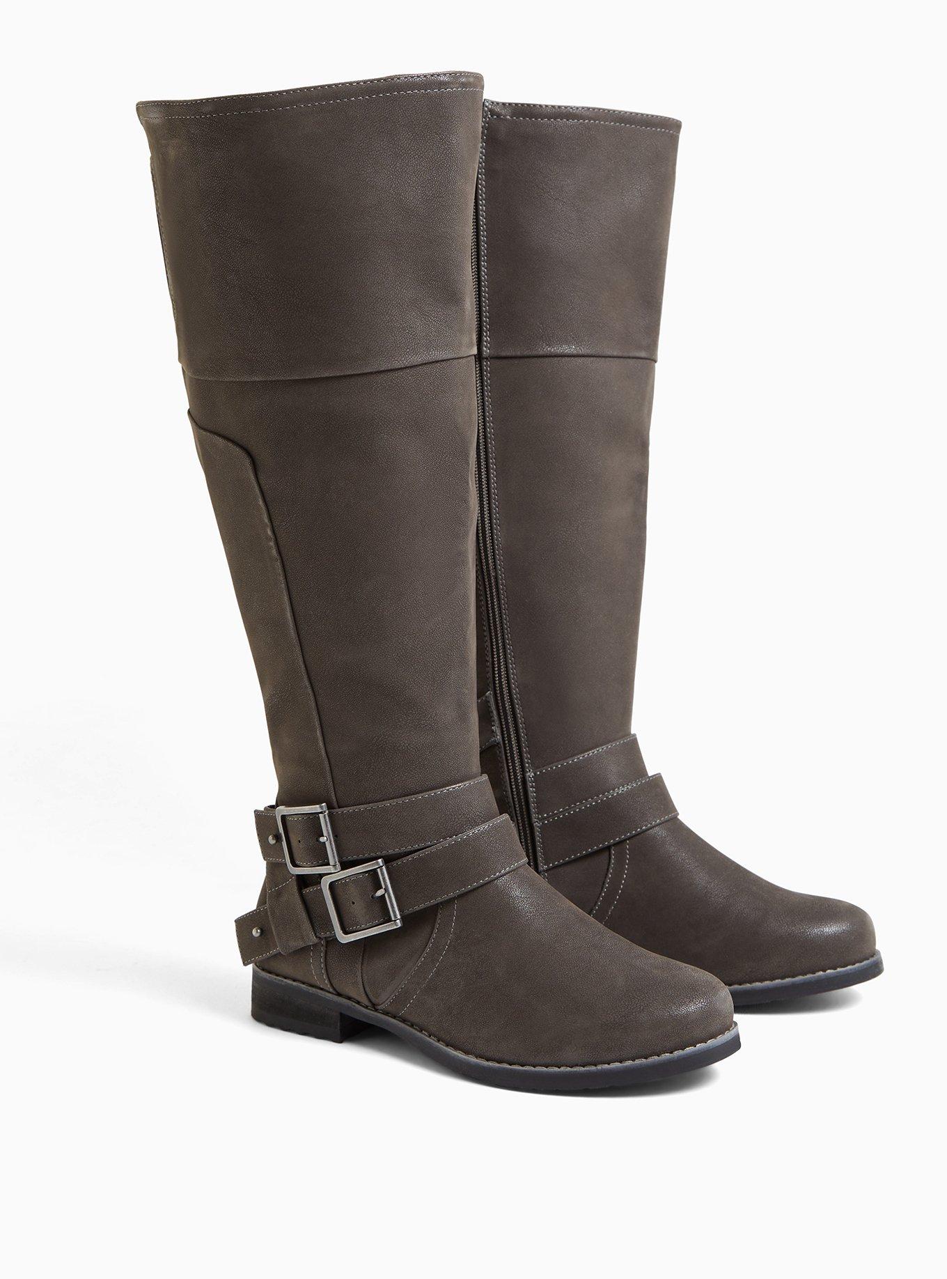 Plus Size Grey Oiled Faux Suede Double Buckle Knee High Boot WW Wide to Extra Wide Calf Torrid