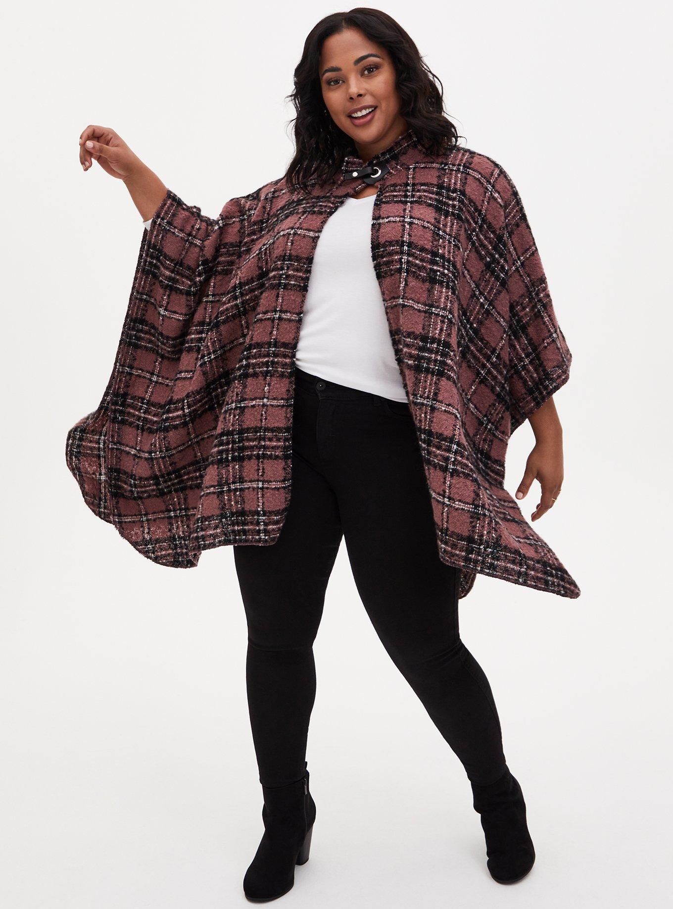 Brown Plaid Funnel Neck Cape , , alternate
