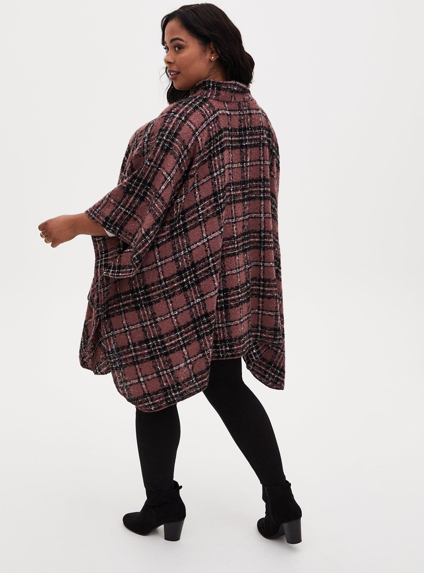 Brown Plaid Funnel Neck Cape , , alternate