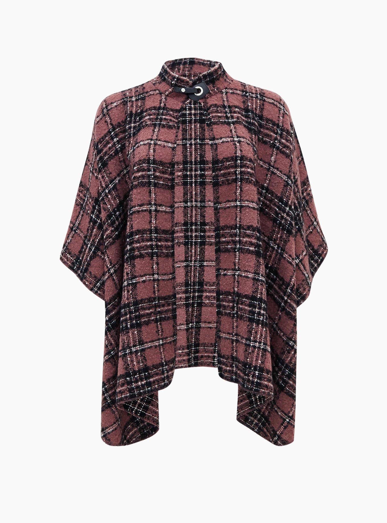 Brown Plaid Funnel Neck Cape , , hi-res