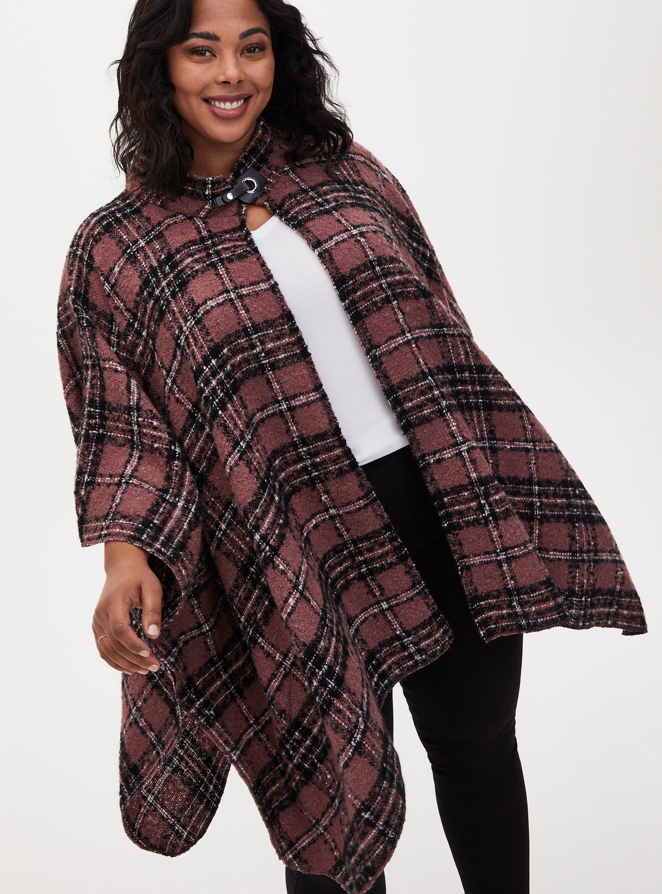 Brown Plaid Funnel Neck Cape , , hi-res