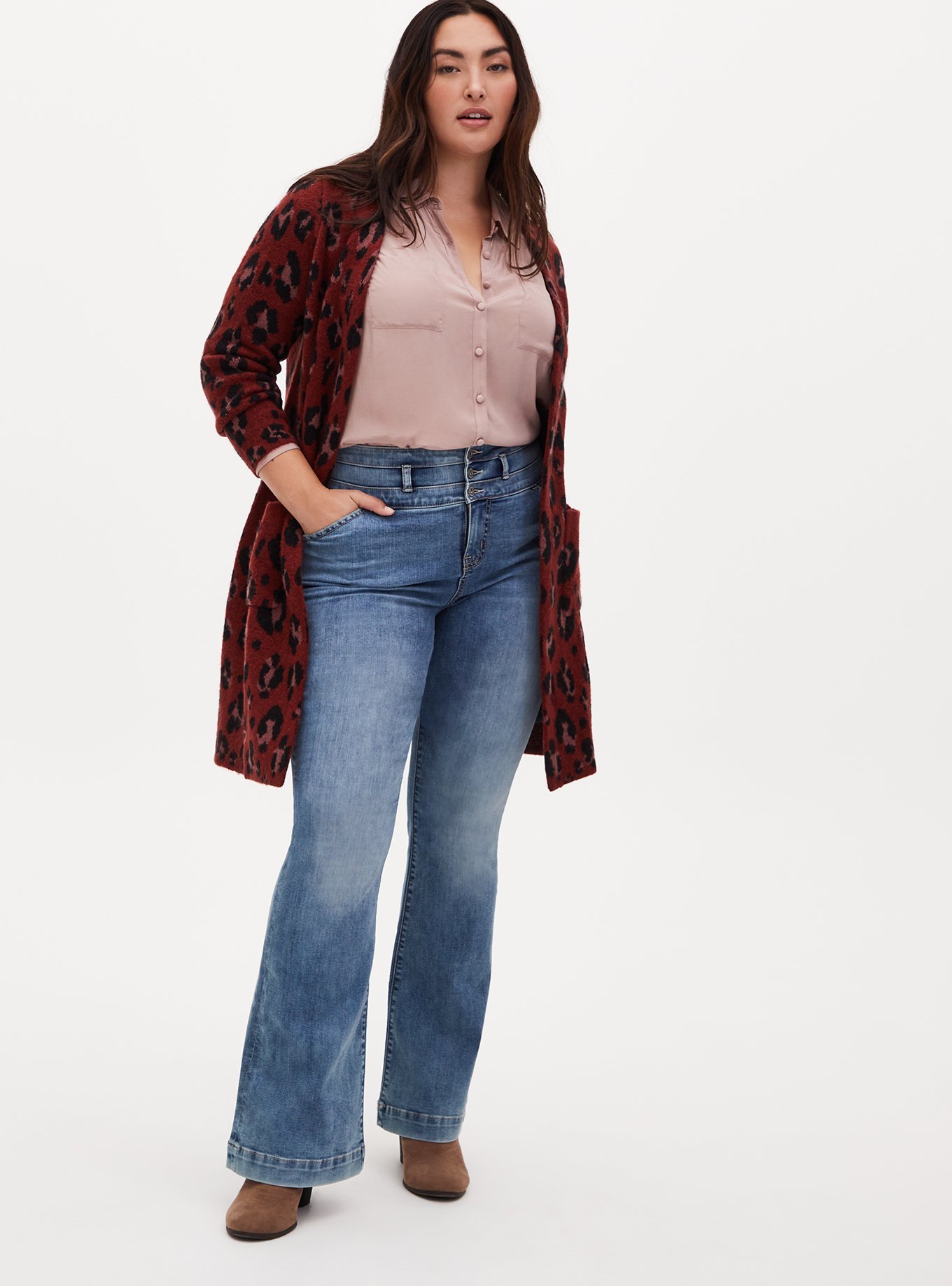 Plus Size - Red Leopard Brushed Sweater Coat - Torrid