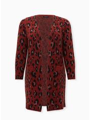Plus Size Red Leopard Brushed Sweater Coat, LEOPARD, hi-res