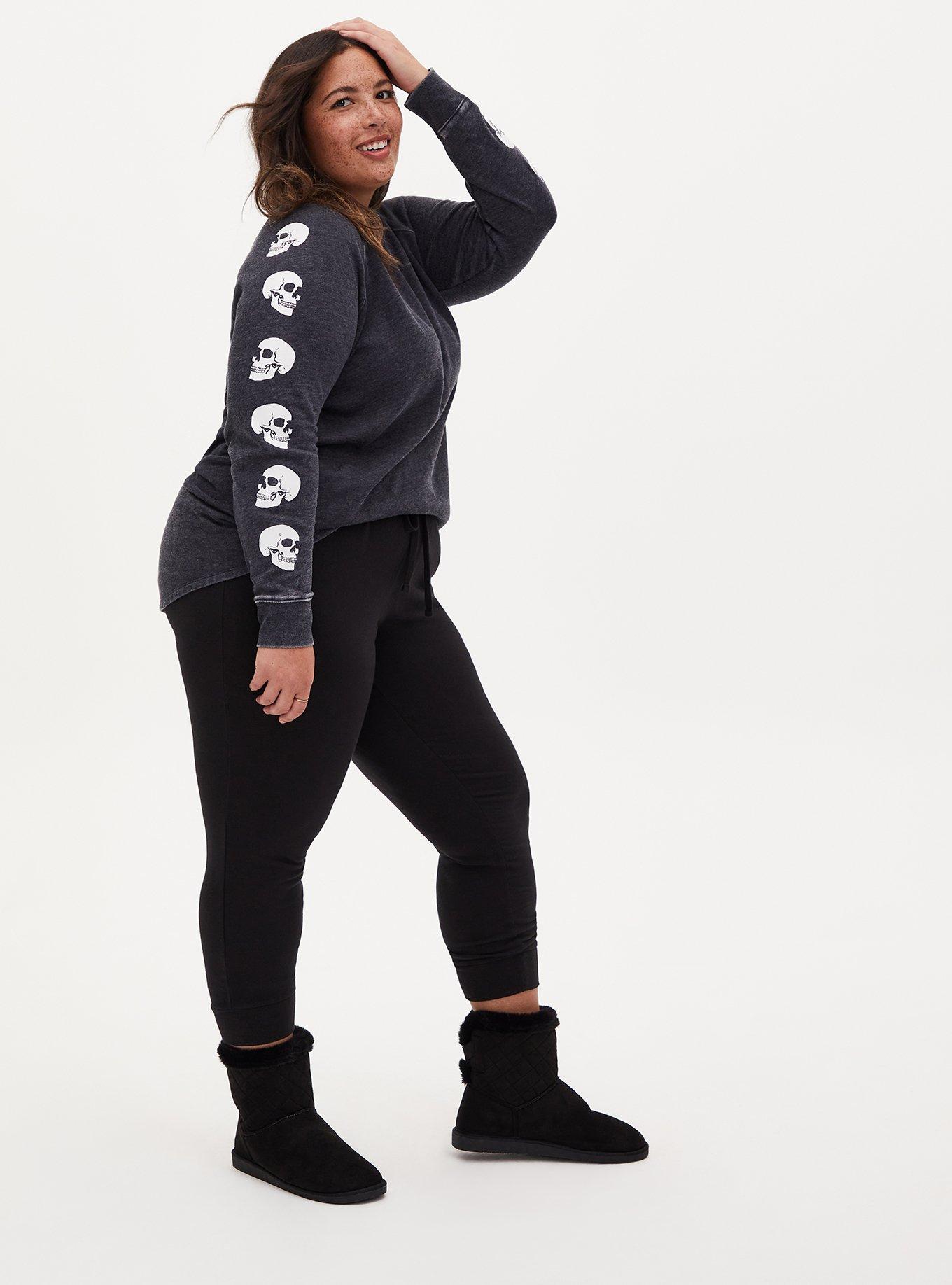Plus Size Black Fleece Burnout Skull Tunic Sweatshirt, DEEP BLACK, alternate