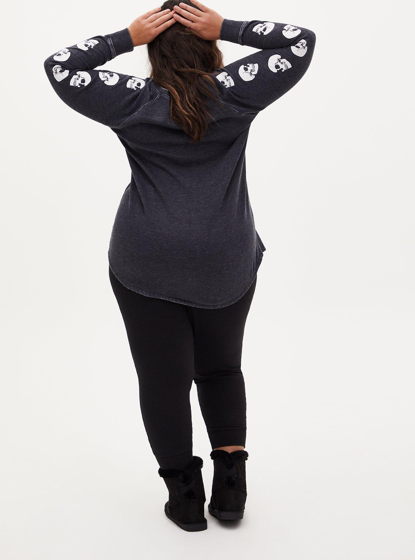 Plus Size Black Fleece Burnout Skull Tunic Sweatshirt, DEEP BLACK, alternate