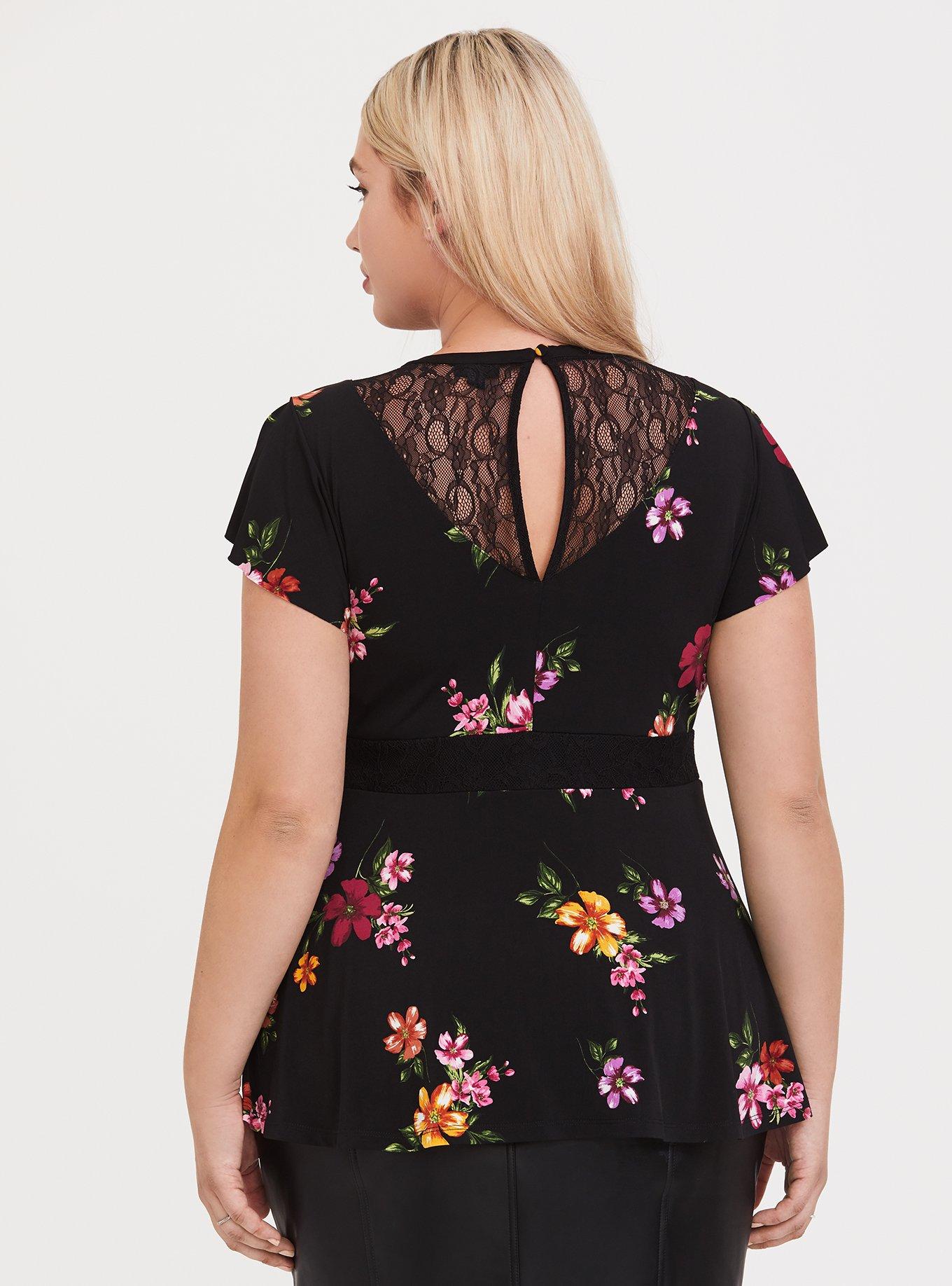 Torrid 4X // Black Multi Floral Studio Knit Peplum Cold Shoulder Top