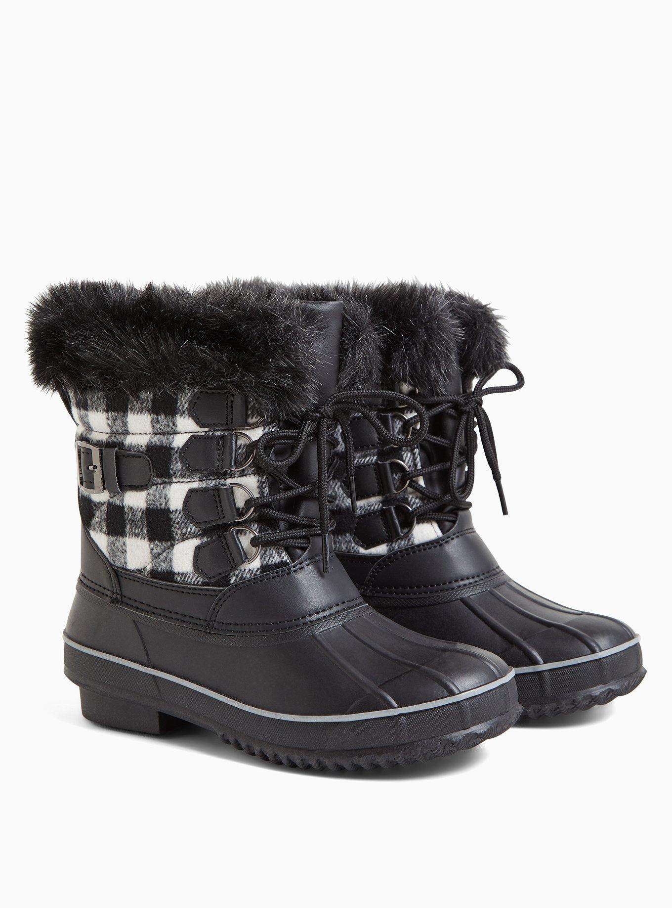 Black and white store plaid duck boots