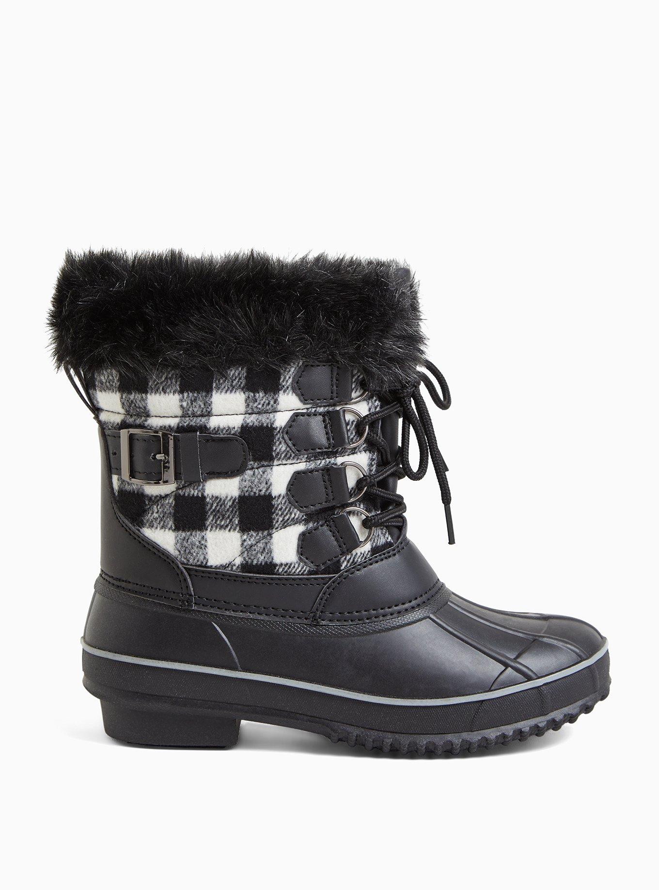 Plus Size Black Plaid Fur Trimmed Lace-Up Water Resistant Duck