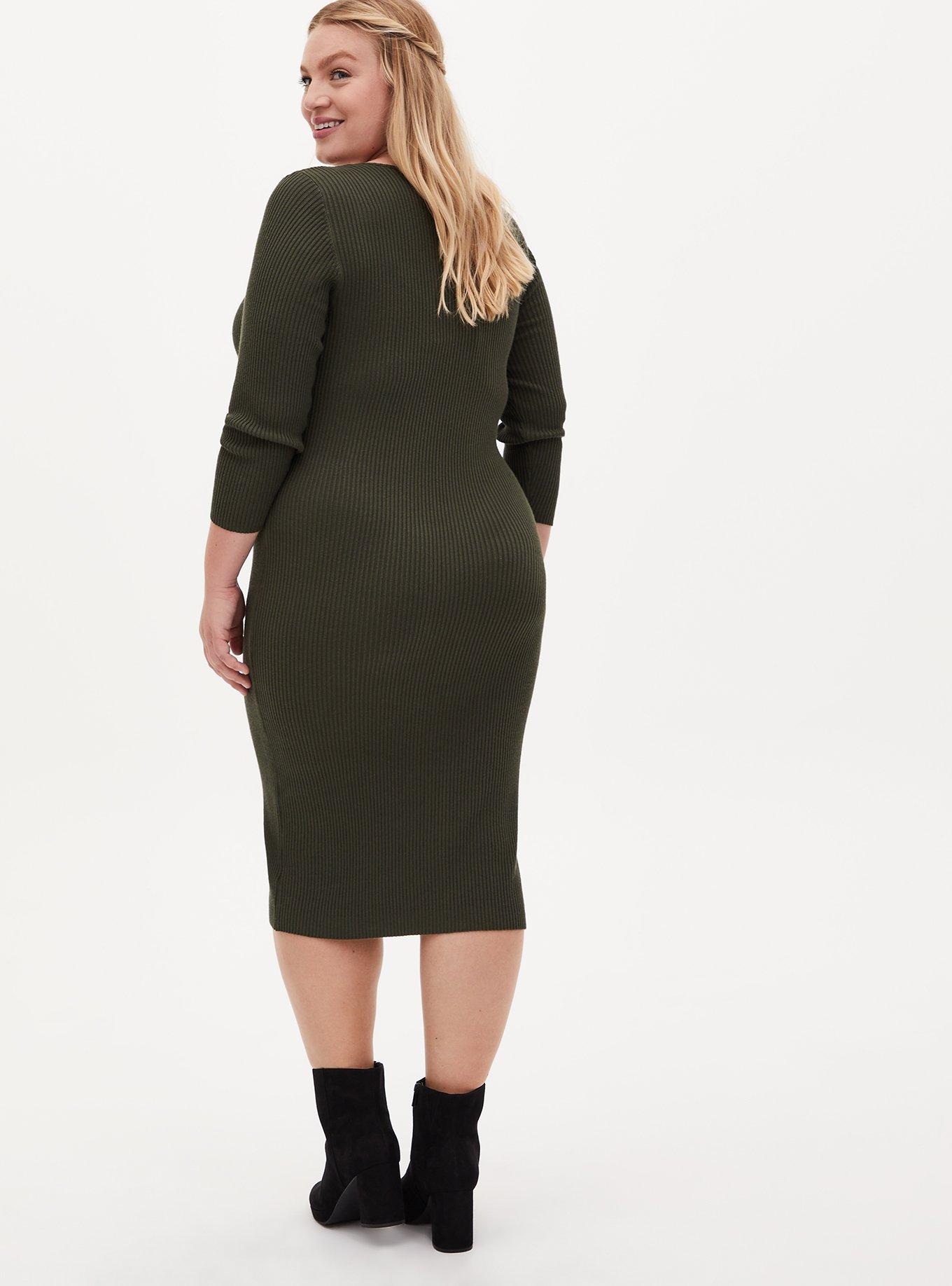 Olive Green Rib Button Front Bodycon Midi Dress, DEEP DEPTHS, alternate