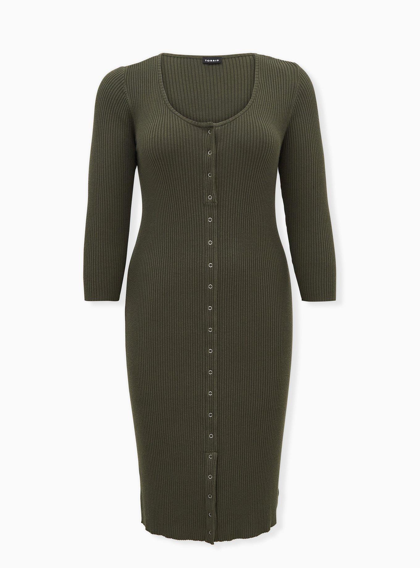 Plus Size - Olive Green Rib Button Front Bodycon Midi Dress - Torrid