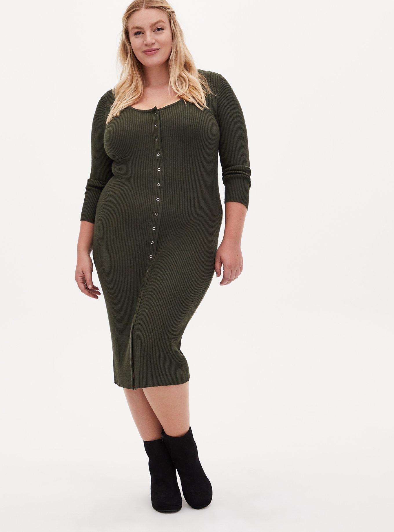 Olive Green Rib Button Front Bodycon Midi Dress, , hi-res