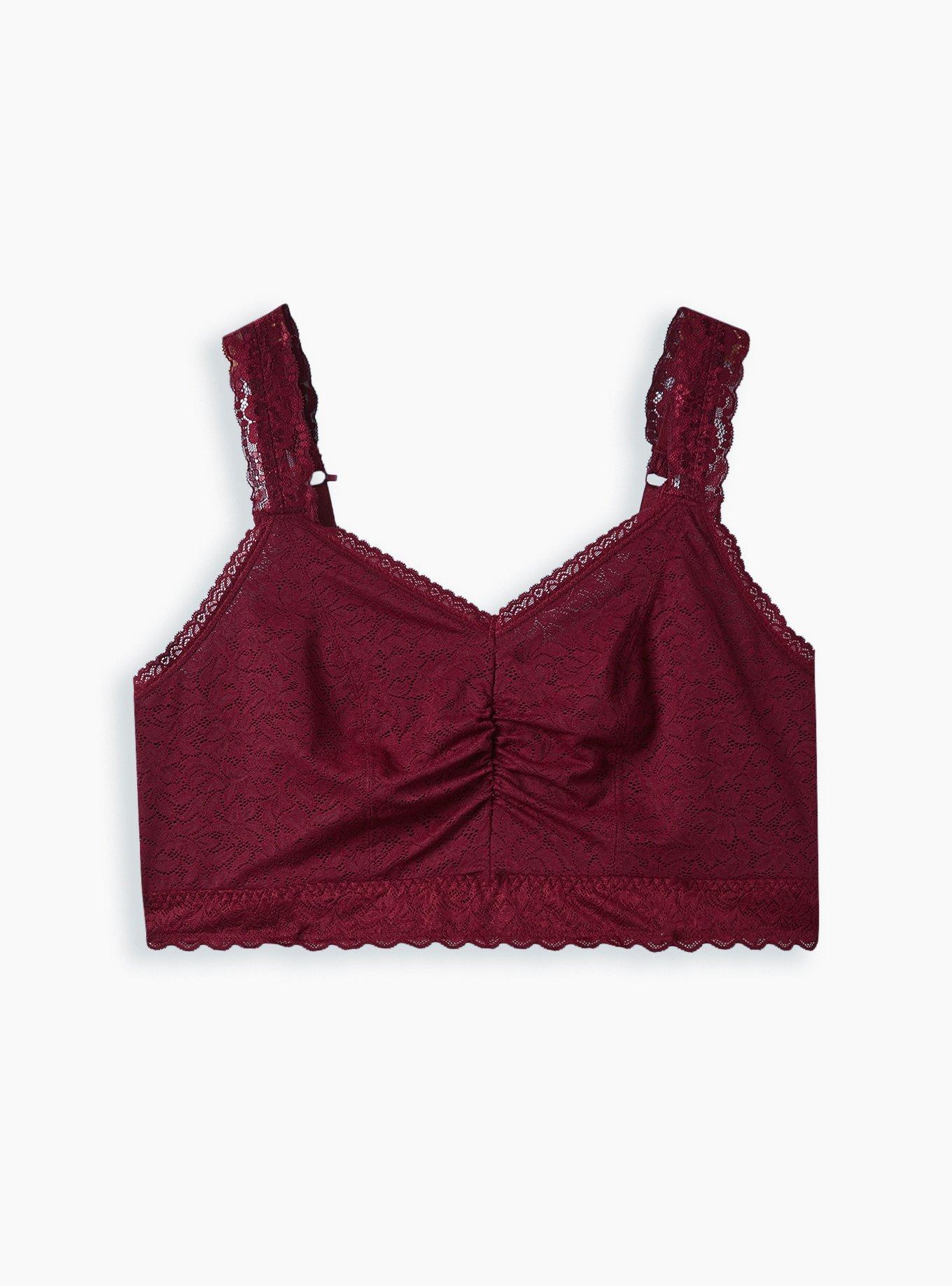 PLUS SIZE LACE MESH LINED STRETCH BRALETTE DK BURGUNDY HOURGLASS BACK 3xl