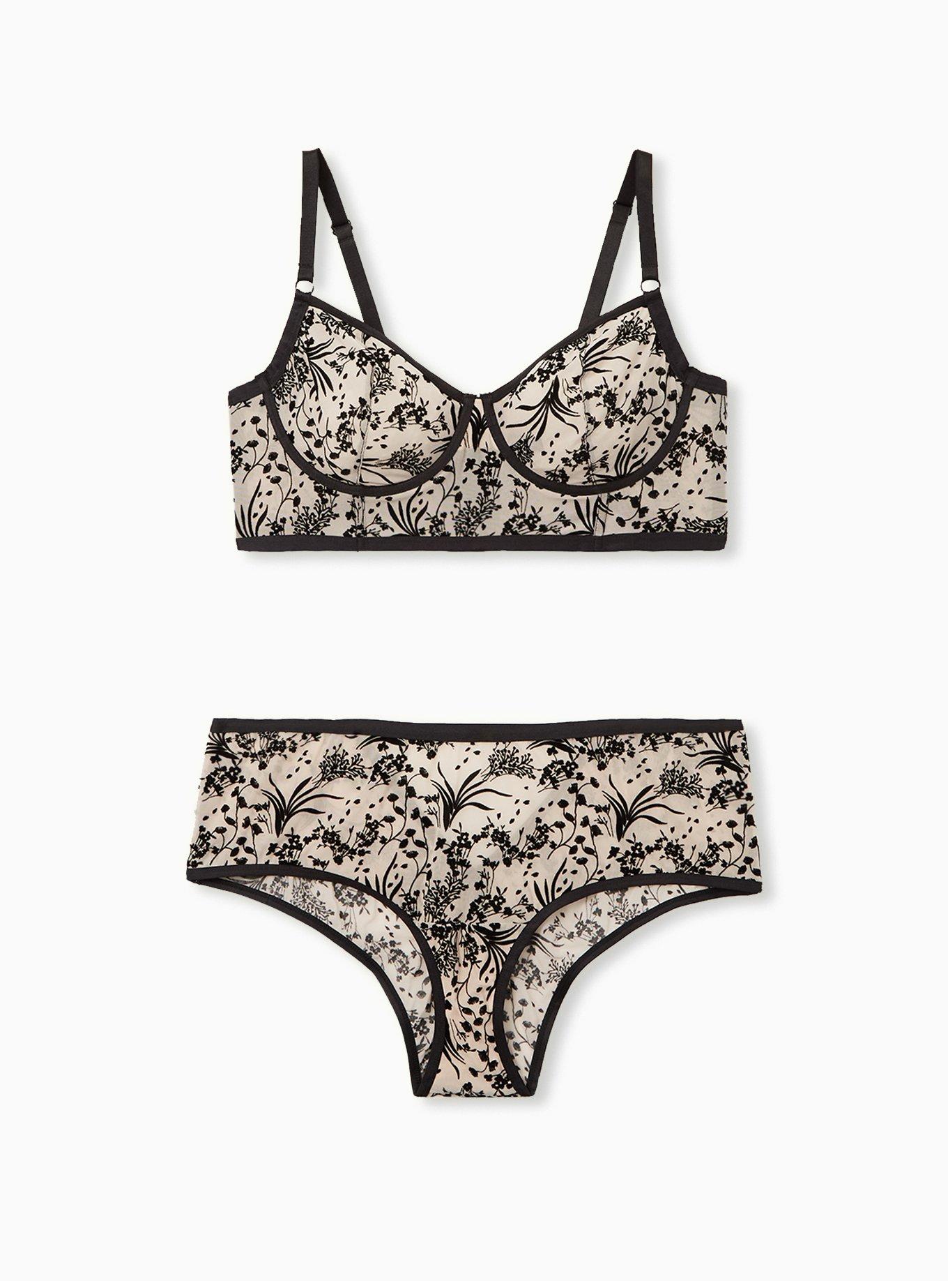 Beige & Black Flocked Floral Unlined Underwire Longline Bralette , , alternate
