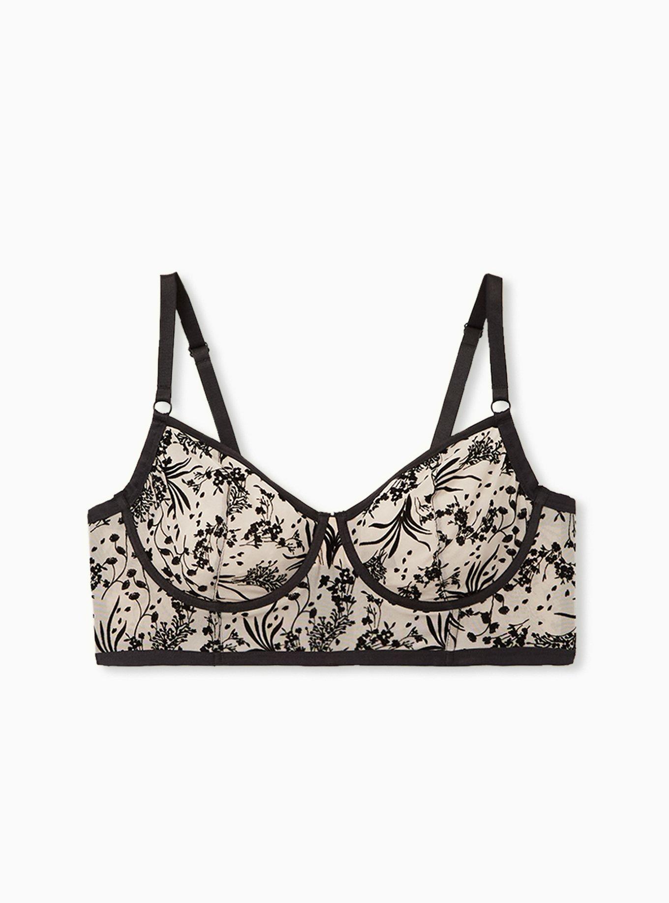 Beige & Black Flocked Floral Unlined Underwire Longline Bralette , , hi-res
