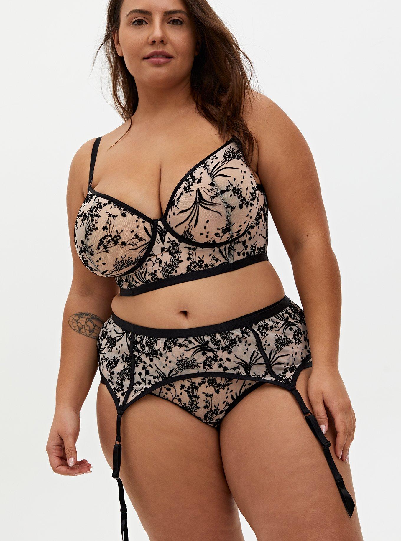 Plus Size Beige & Black Flocked Floral Garter Belt, , alternate