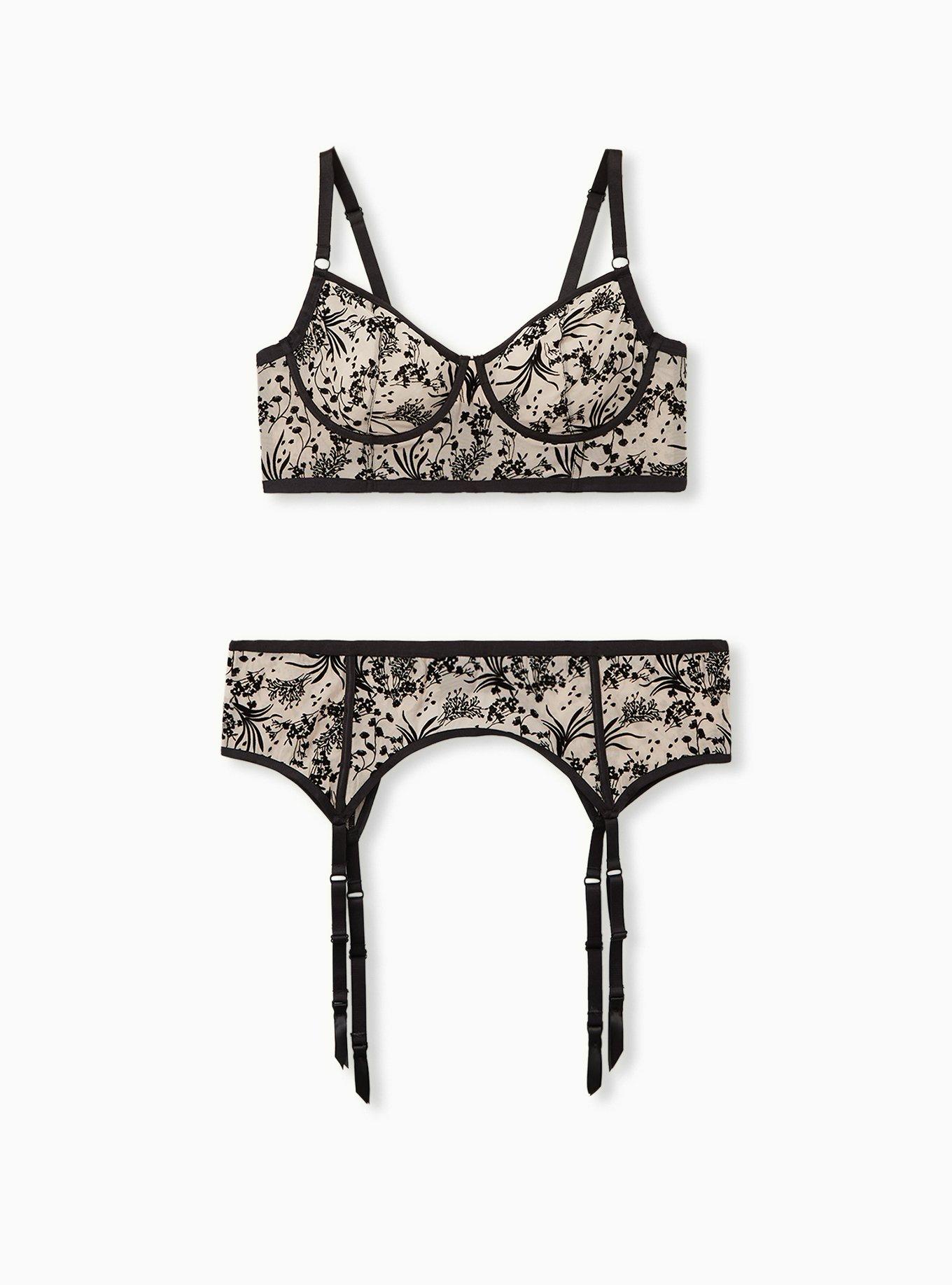 Plus Size Beige & Black Flocked Floral Garter Belt, , alternate