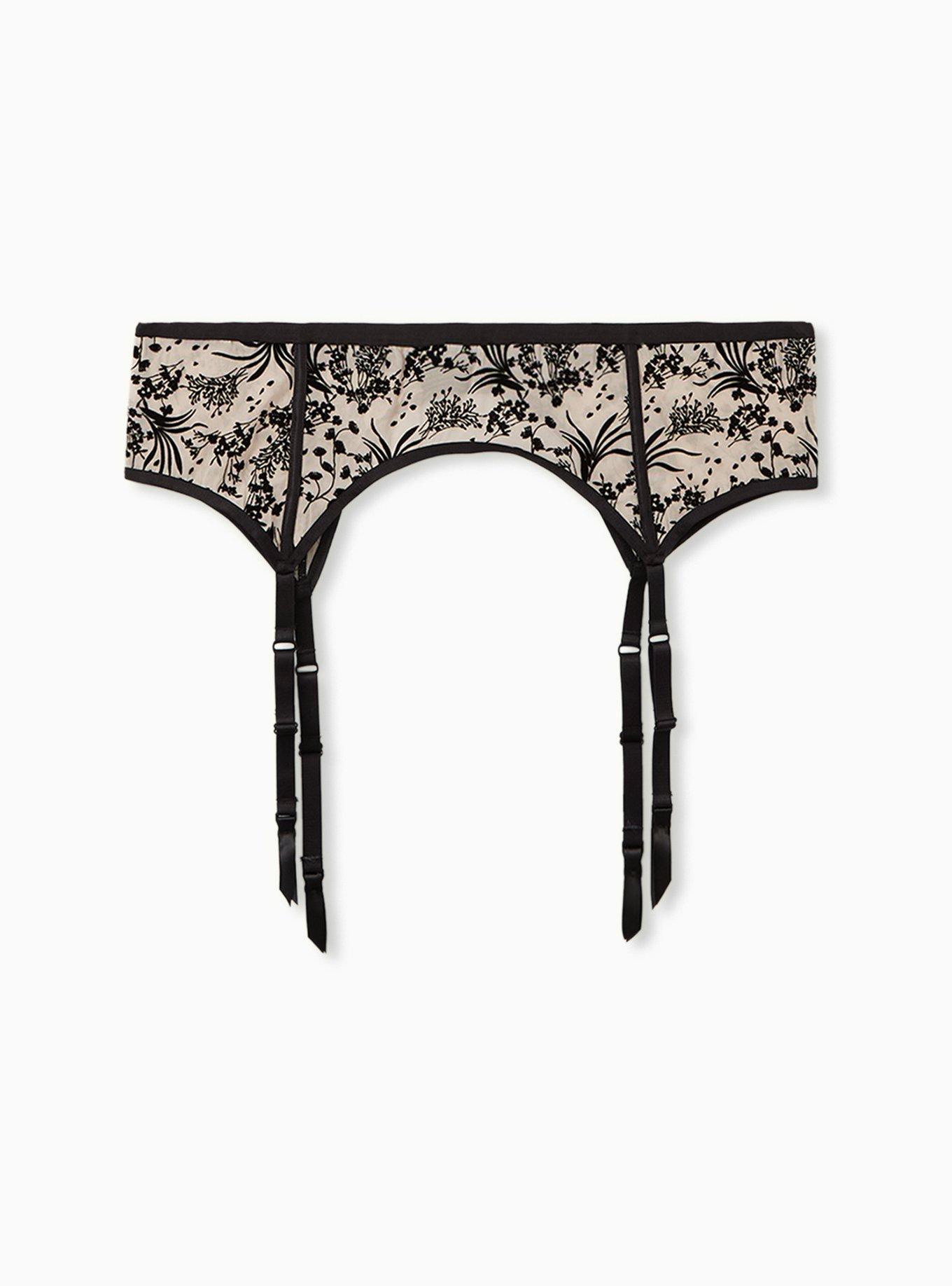 Plus Size Beige & Black Flocked Floral Garter Belt, , hi-res