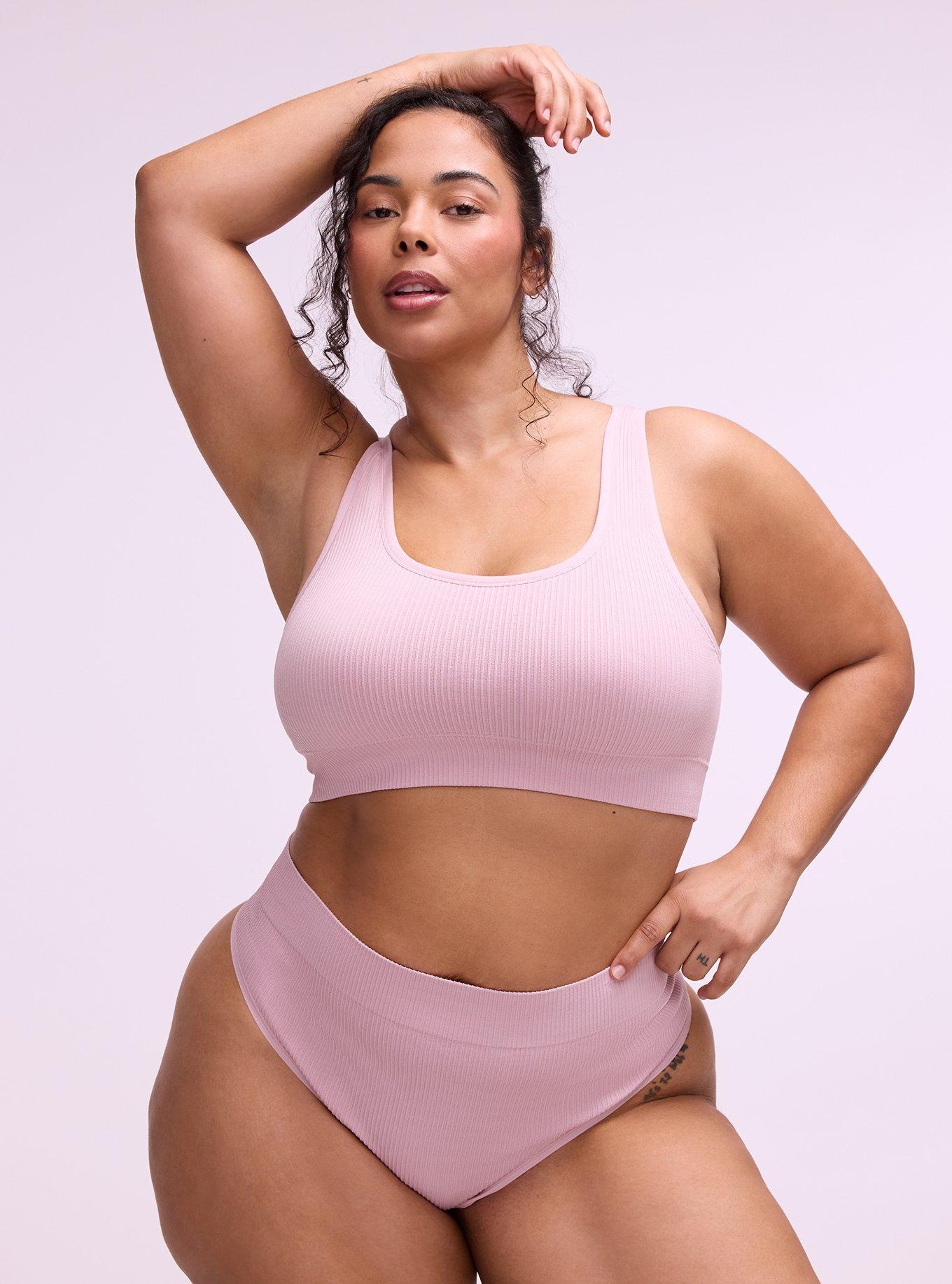 Plus Size Seamless Ribbed High-Rise Thong Panty, VIOLET ICE, hi-res