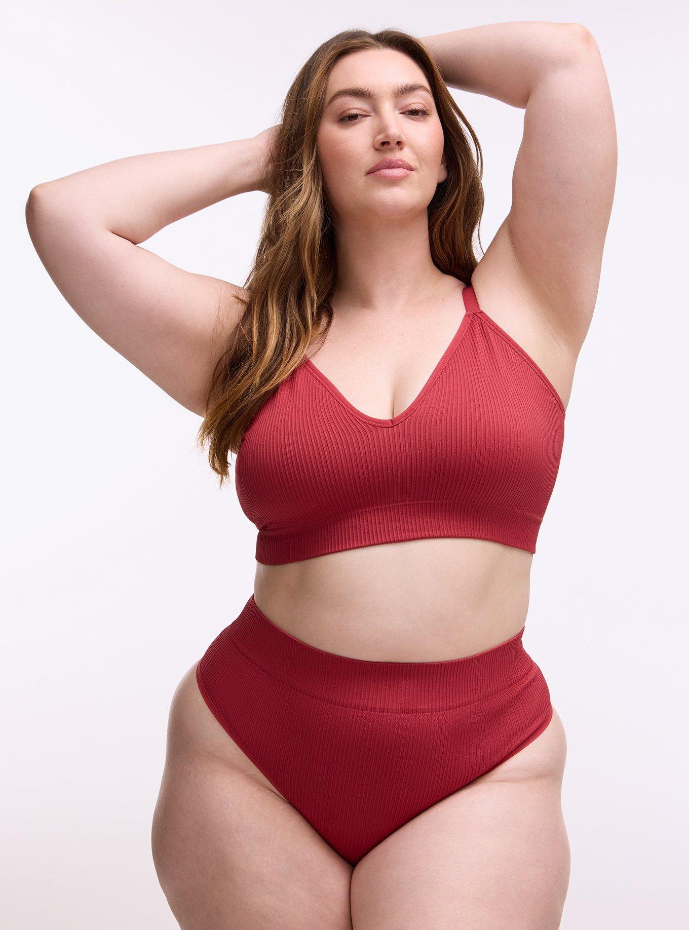 Plus Size Seamless Rib High-Rise Thong Panty, GARNET, hi-res