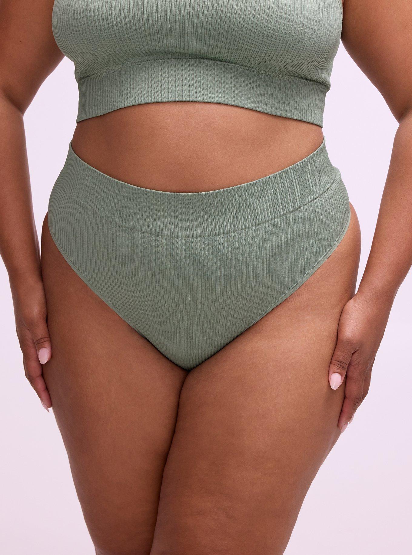 Plus Size Seamless Ribbed High-Rise Thong Panty, HEDGE GREEN, alternate
