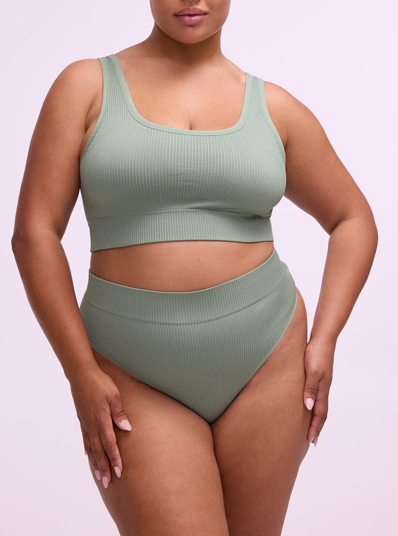 Plus Size Seamless Ribbed High-Rise Thong Panty, HEDGE GREEN, alternate