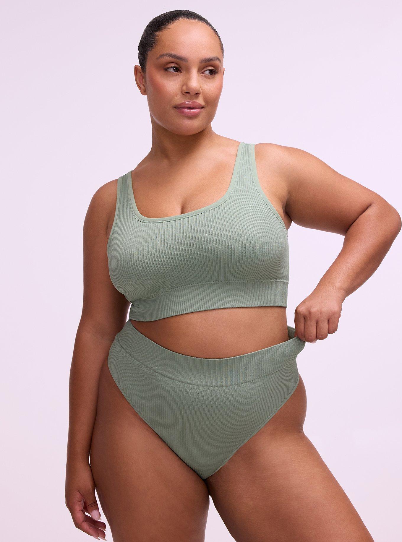 Plus Size Seamless Ribbed High-Rise Thong Panty, HEDGE GREEN, hi-res