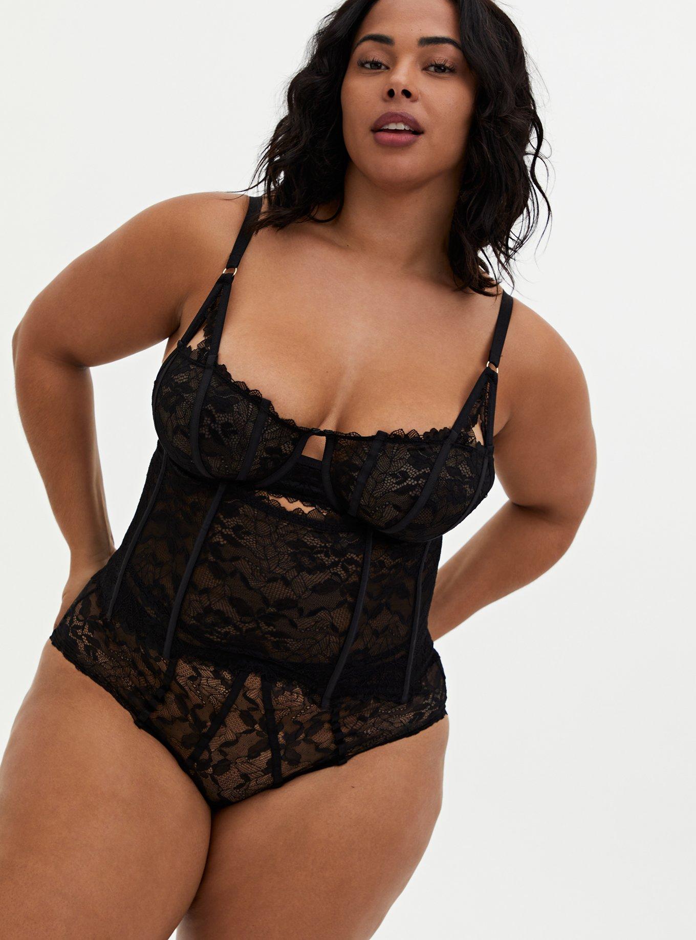 Plus Size Black Chantilly Lace Waist Cincher, , hi-res