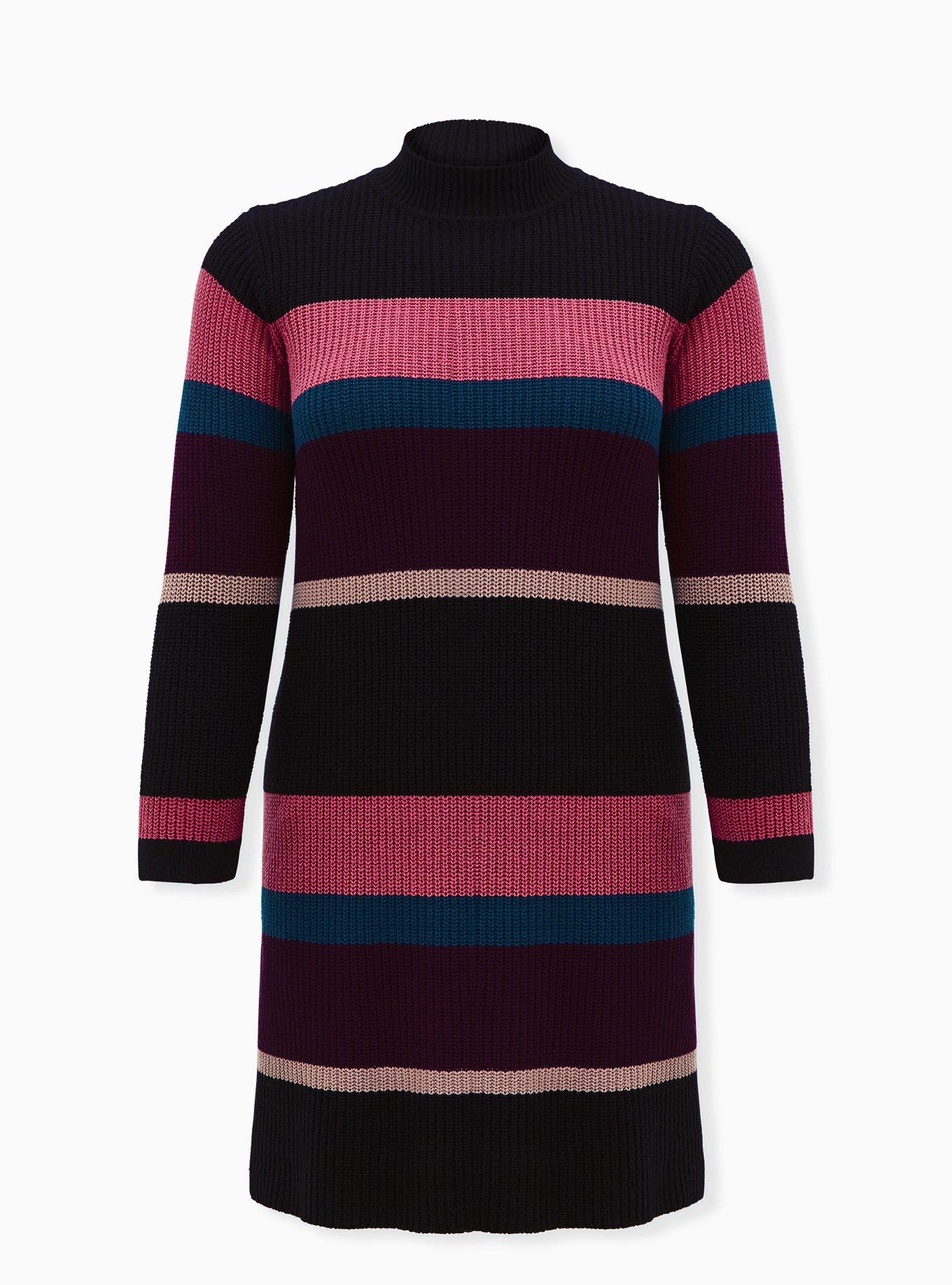 Plus Size Multicolor Stripe Mock Neck Sweater Dress, , hi-res