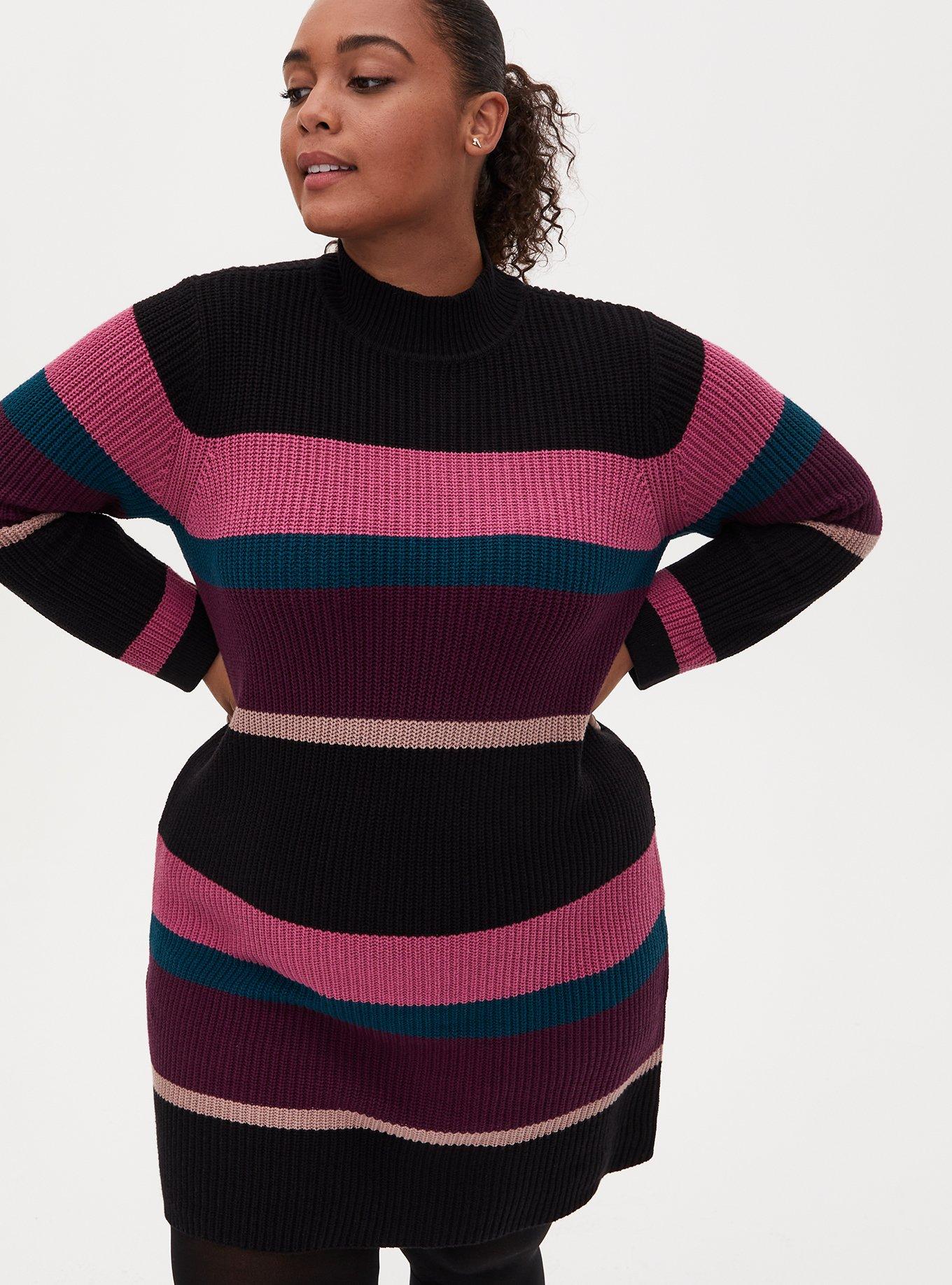Plus Size Multicolor Stripe Mock Neck Sweater Dress, , hi-res
