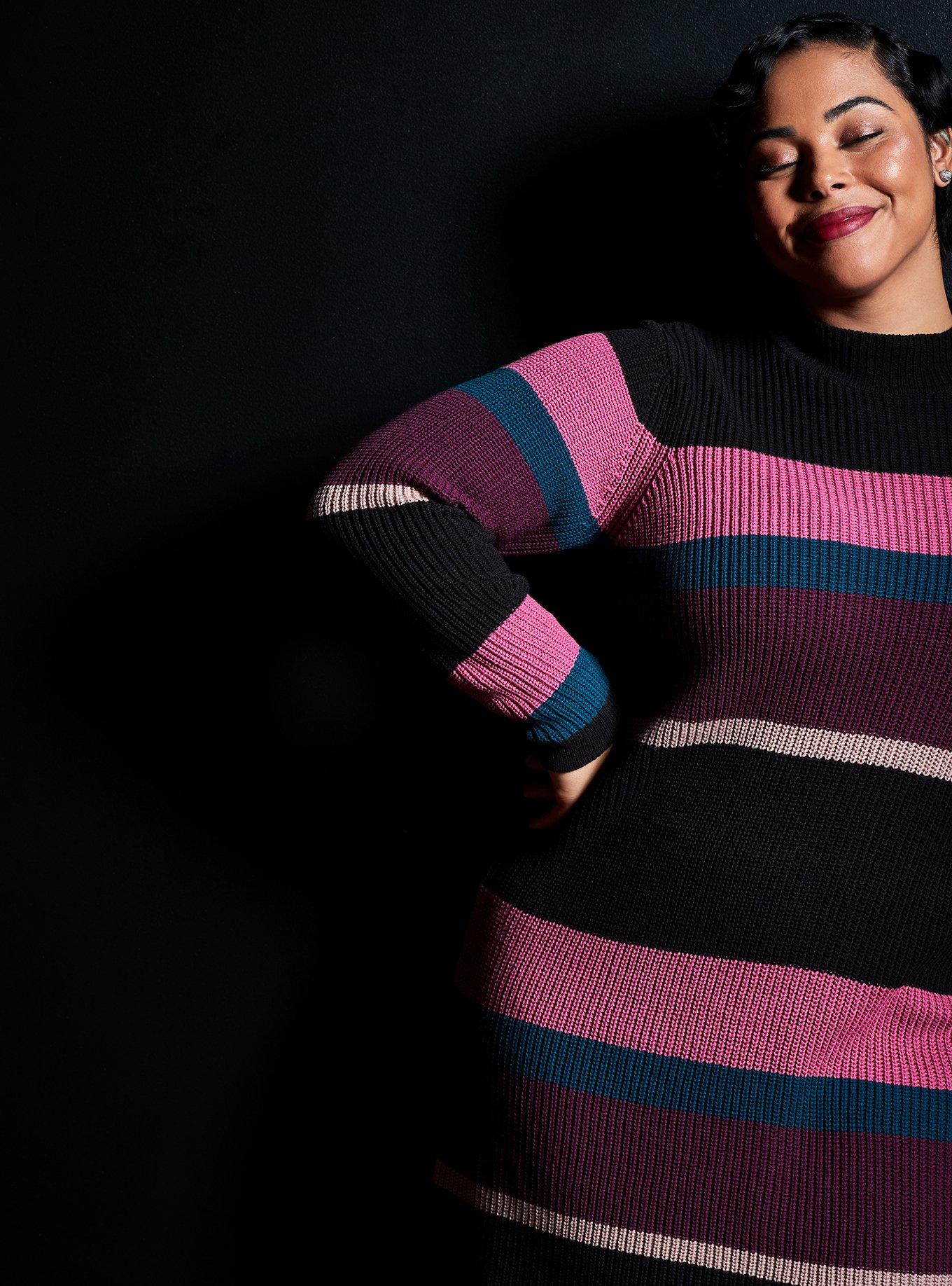 Plus Size Multicolor Stripe Mock Neck Sweater Dress, , hi-res