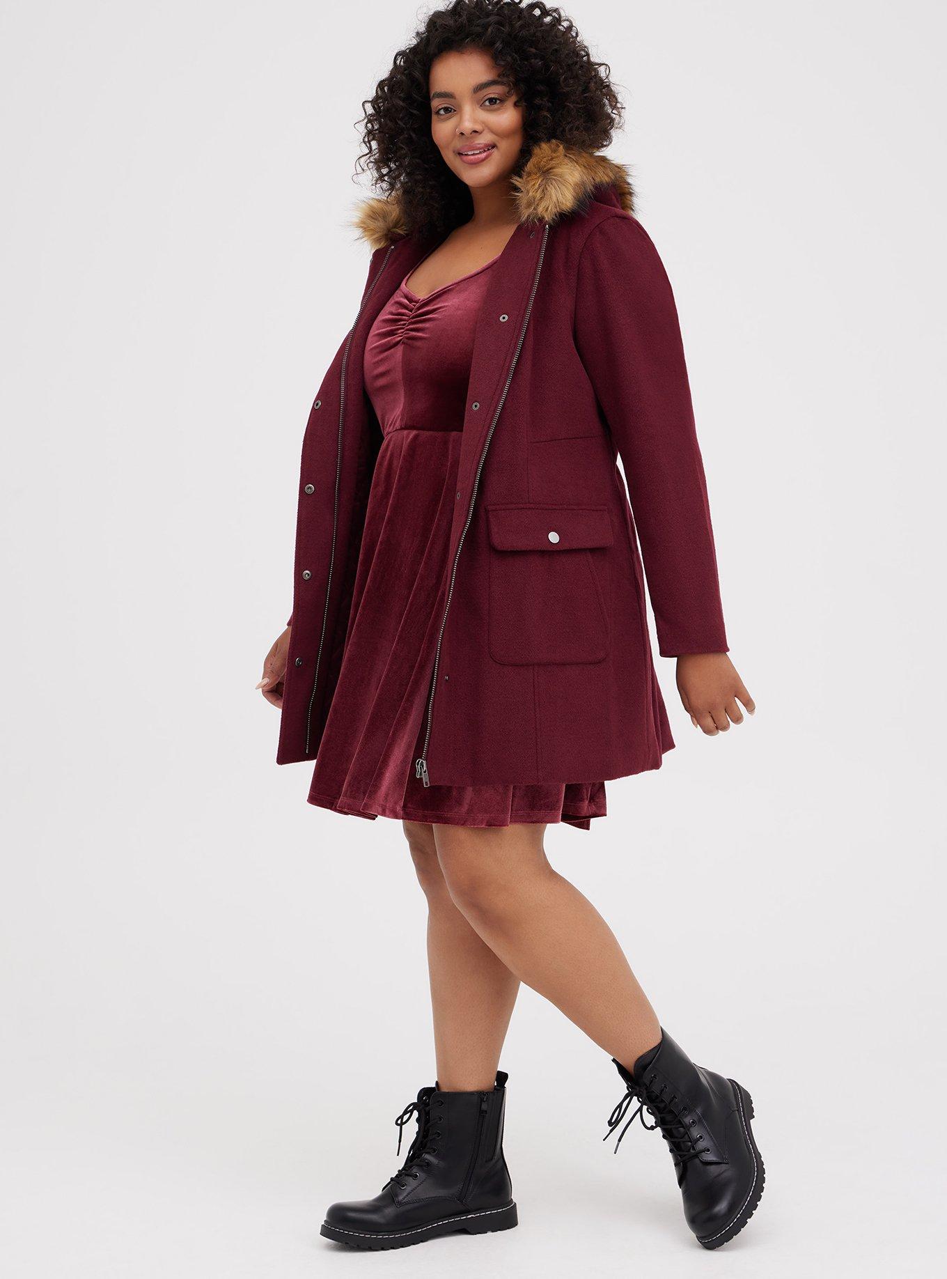 Plus Size - Wool Zip Front Fur Trim Coat - Torrid