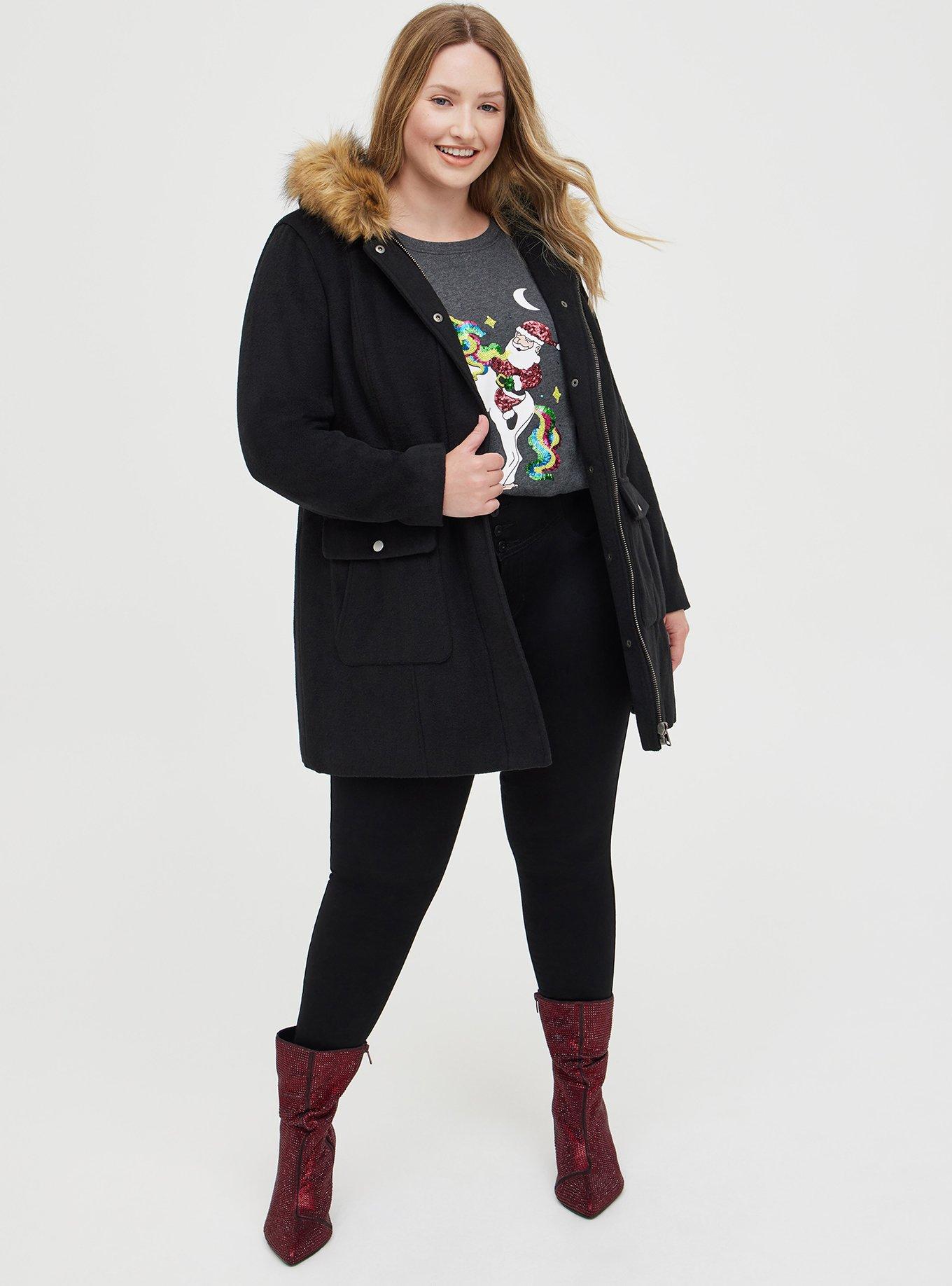 Plus Size Wool Zip Front Fur Trim Coat Torrid