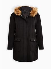 Wool Zip Front Fur Trim Coat, DEEP BLACK, hi-res