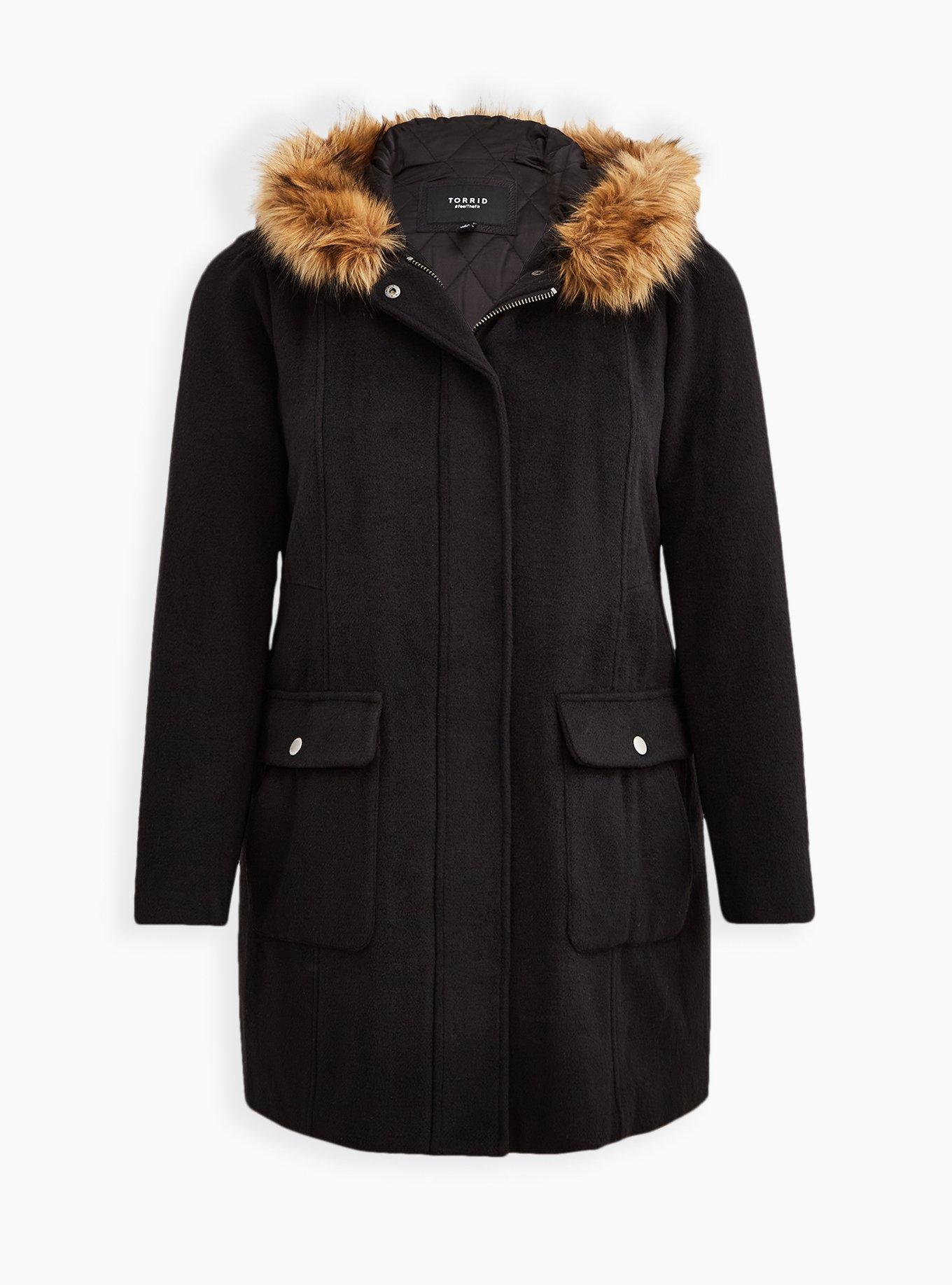 Wool Zip Front Fur Trim Coat, DEEP BLACK, hi-res