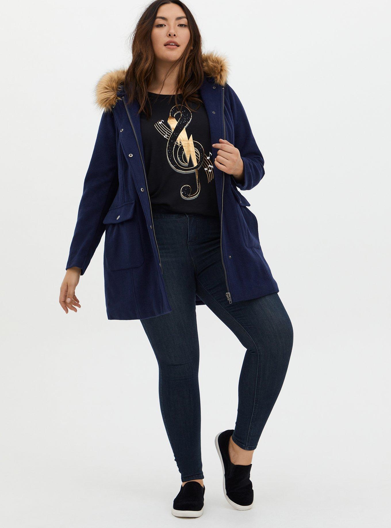 Plus Size Wool Zip Front Fur Trim Coat, PEACOAT, alternate