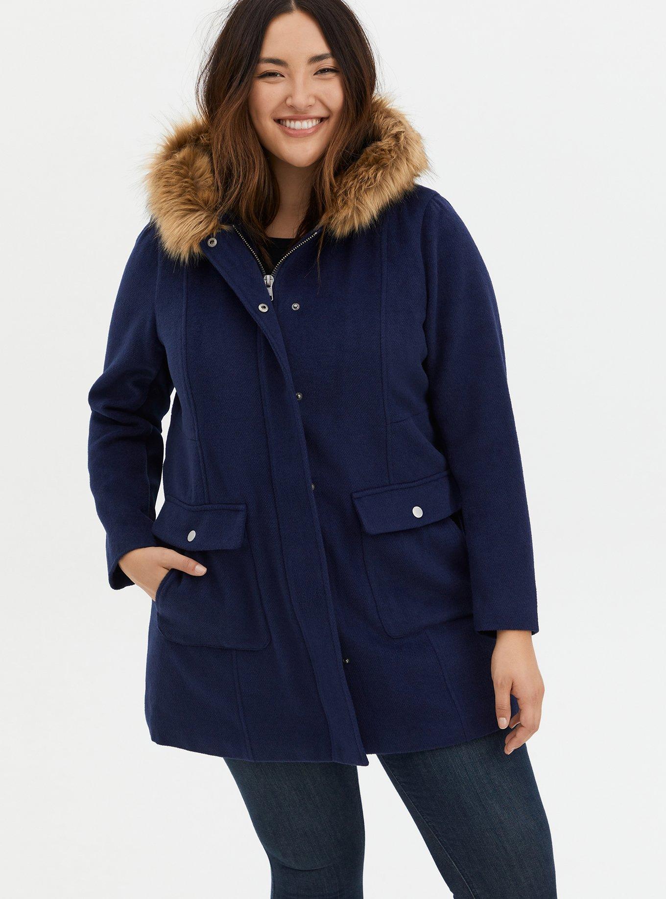 Plus Size Wool Zip Front Fur Trim Coat, PEACOAT, alternate