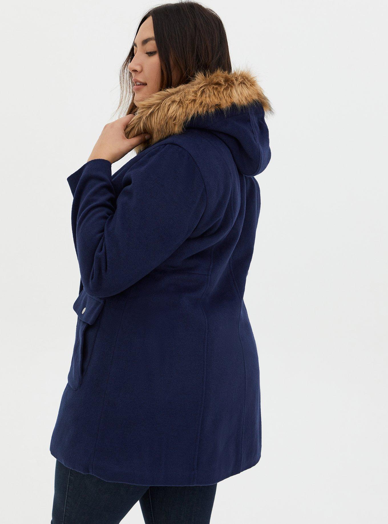 Plus Size Wool Zip Front Fur Trim Coat, PEACOAT, alternate