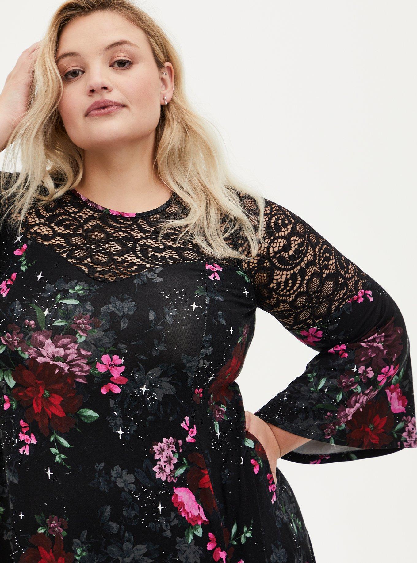 Torrid shops Super Soft Black Floral Fluted Dress 2X NWT