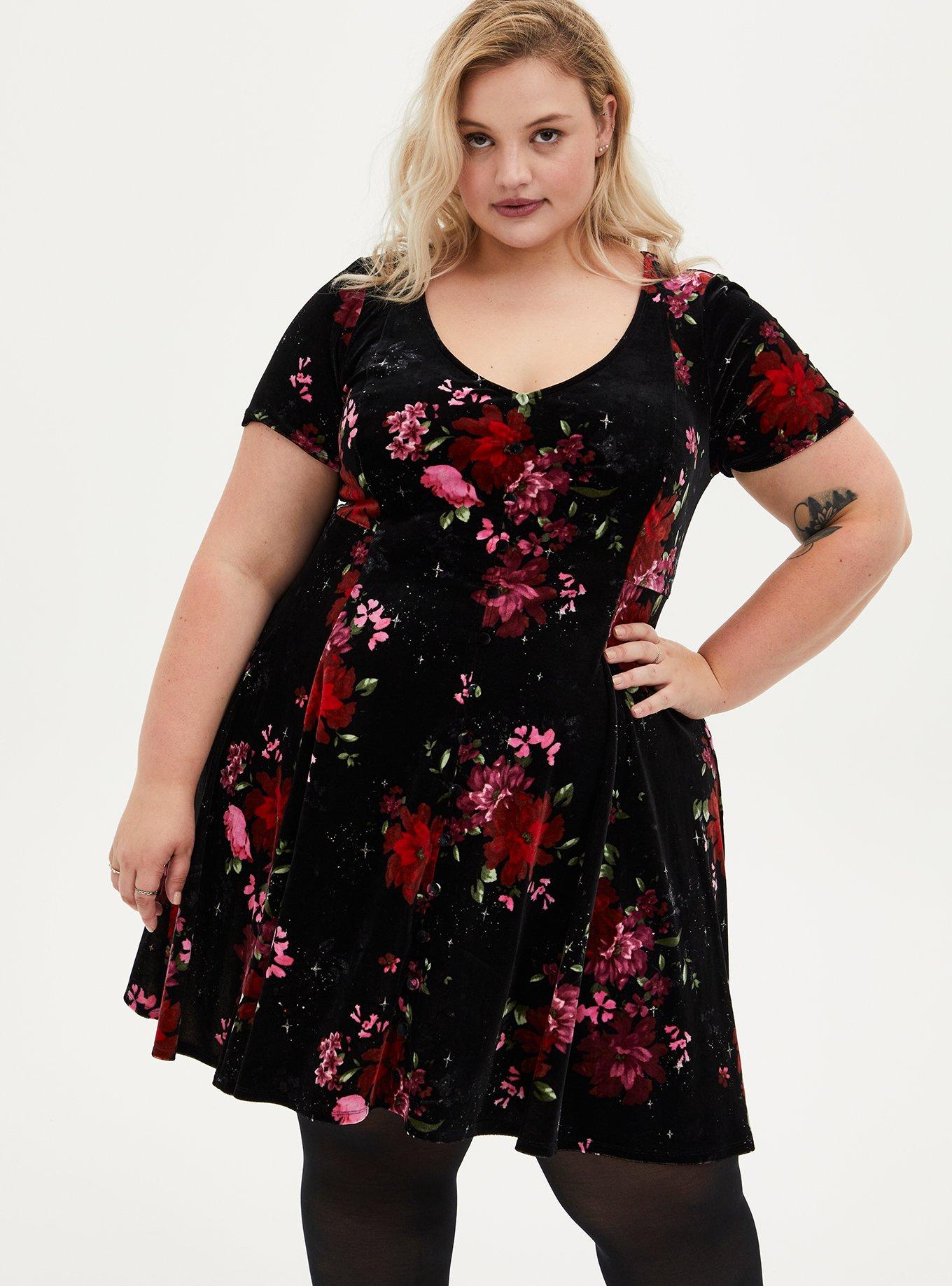 Plus Size Mini Velvet Skater Dress, FLORAL BLACK, alternate