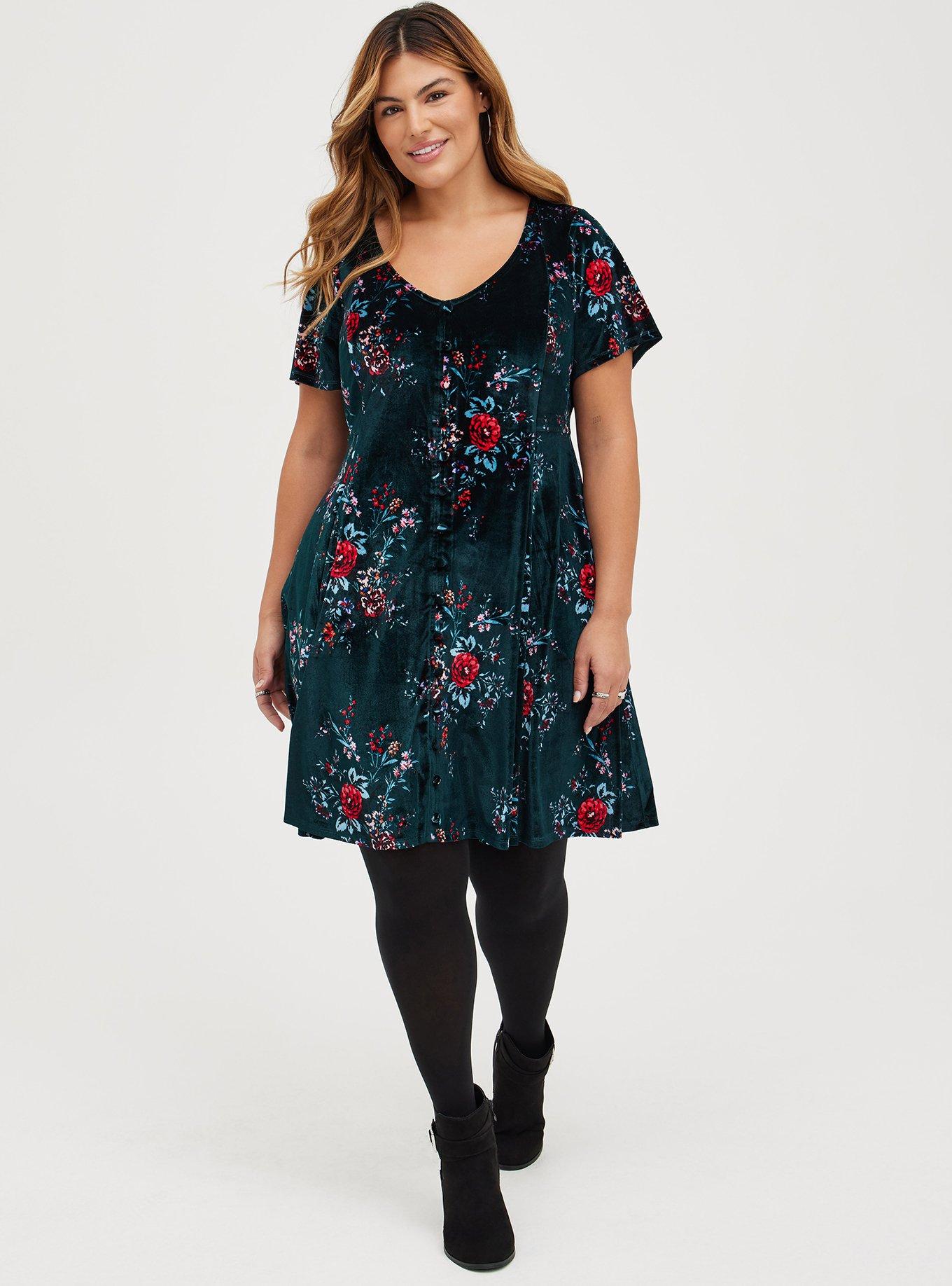 Plus Size Mini Velvet Skater Dress, FLORAL GREEN, alternate