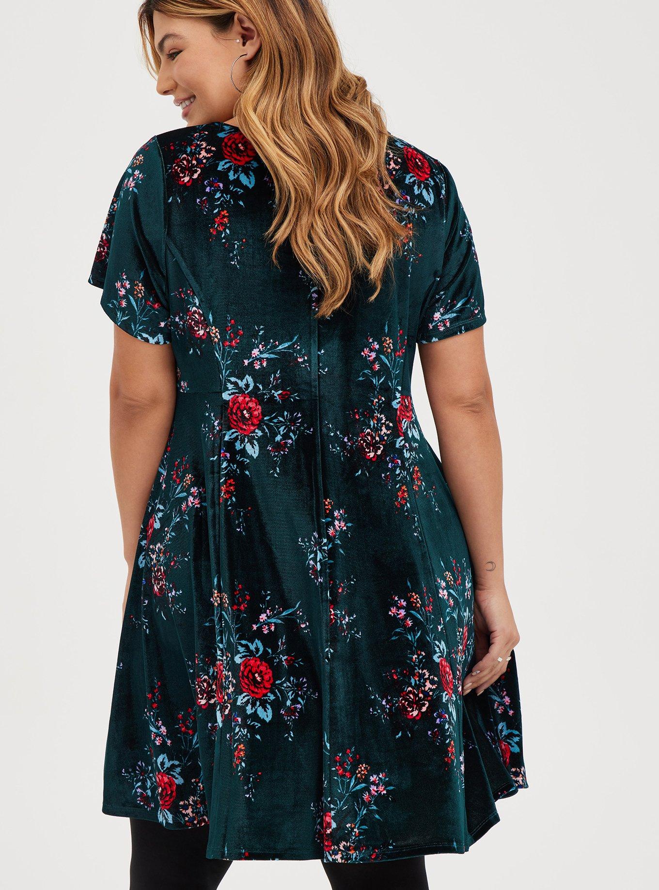 Plus Size Mini Velvet Skater Dress, FLORAL GREEN, alternate